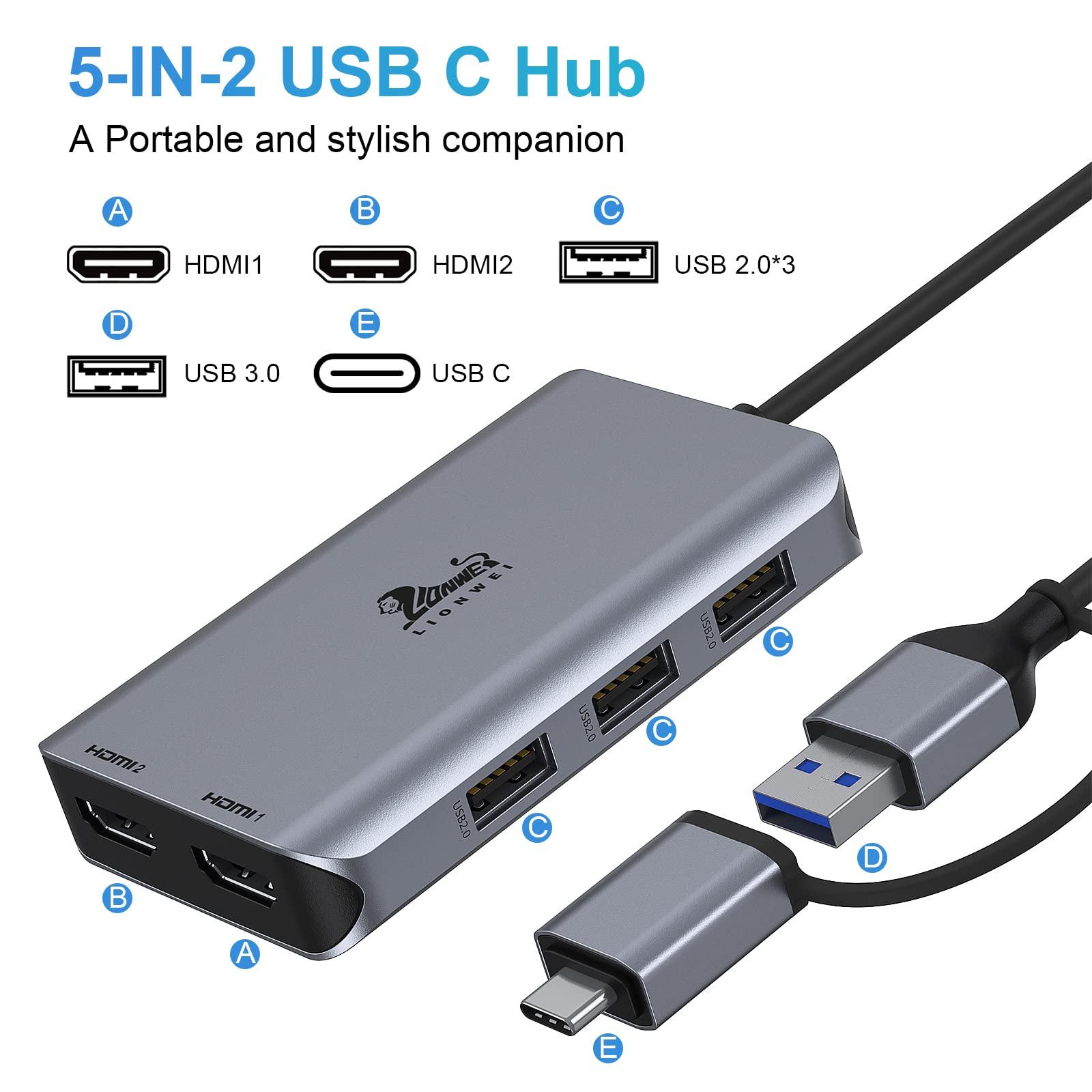 LIONWEI LIONWEI USB 3.0 to Dual HDMI Docking Station for Windows & macOS, USB C Adapter 2 Monitor Splitter for MacBook Pro/Air/M1/M2/Dell/HP/Lenovo/Surface