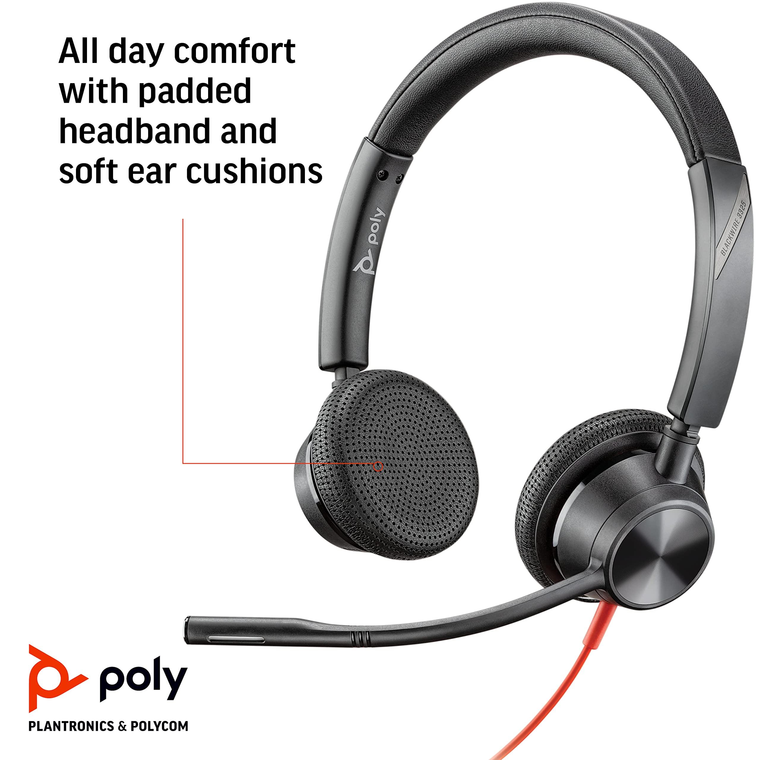 Poly Plantronics - Blackwire 3325 Wired Stereo USB-C Headset with Boom Mic (Poly) - Connect to PC/Mac via USB-C or Mobile/Tablet via 3.5 mm Connector - Works with Teams, Zoom & More