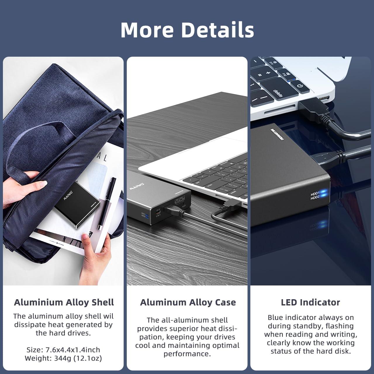 MAIWO MAIWO Dual Bay Hard Drive RAID Enclosure for 2.5 Inch SATA SSD HDD, RAID 0/RAID 1/JBOD/PM, USB 3.0 6Gbps with UASP, 16TB Capacity, External HDD Bay Aluminum
