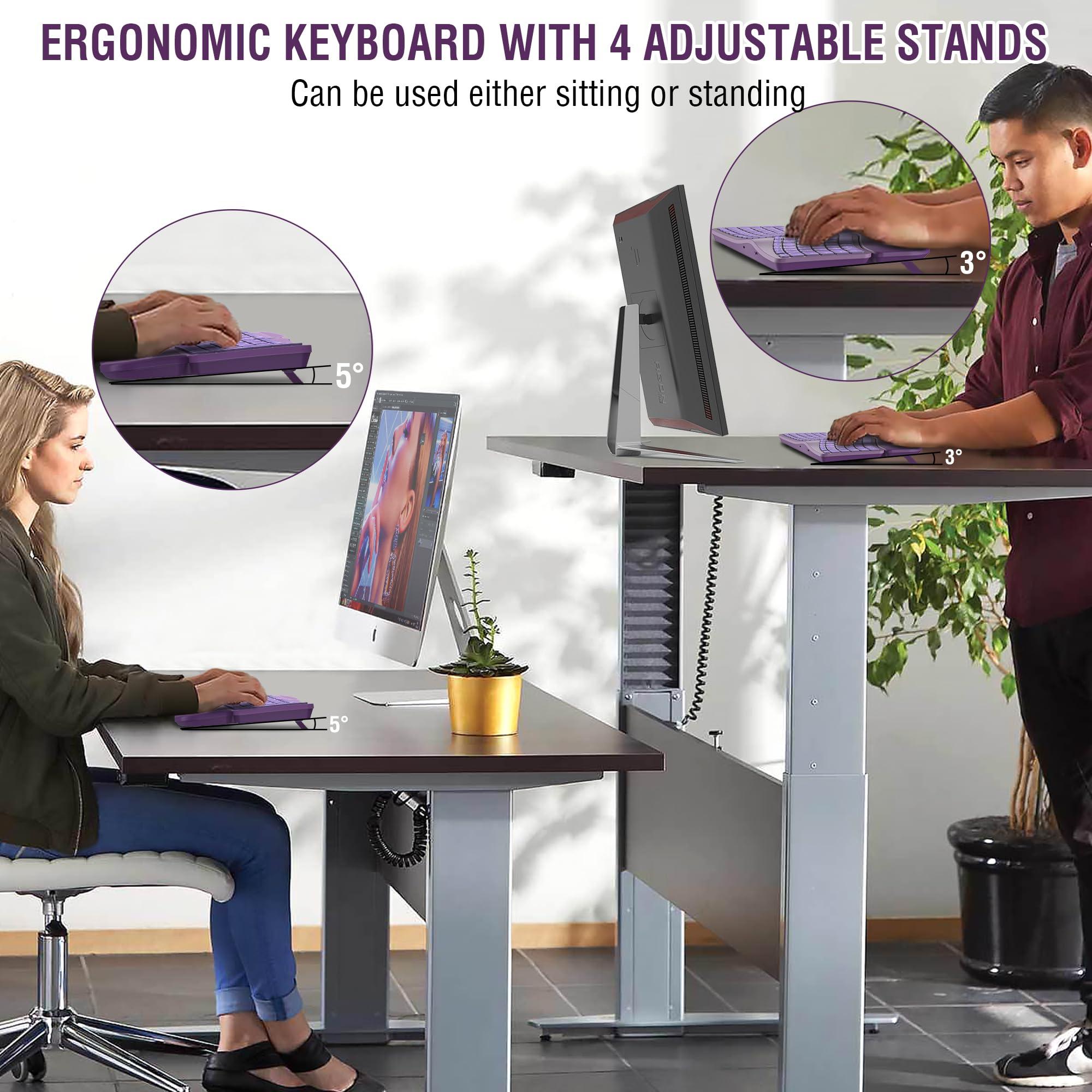 EDJO Ergonomic Wireless Keyboard Mouse Combo, EDJO Bluetooth/2.4G Dual Channel, Split Design, Soft Foam Palm Rest, 4 Level DPI Adjustable Wireless Mouse, Rechargeable, for Windows/Mac/Android(Purple)