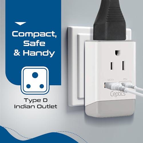 Ceptics Ceptics US to India Plug Adapter, Type D Plug Adapter QC 3.0 & PD, Safe Dual USB & USB-C 18W, India Plug Adapter Fast Charging - Powerful 2 USA Sockets - Use in Pakistan Nepal Sri Lanka - AP-10