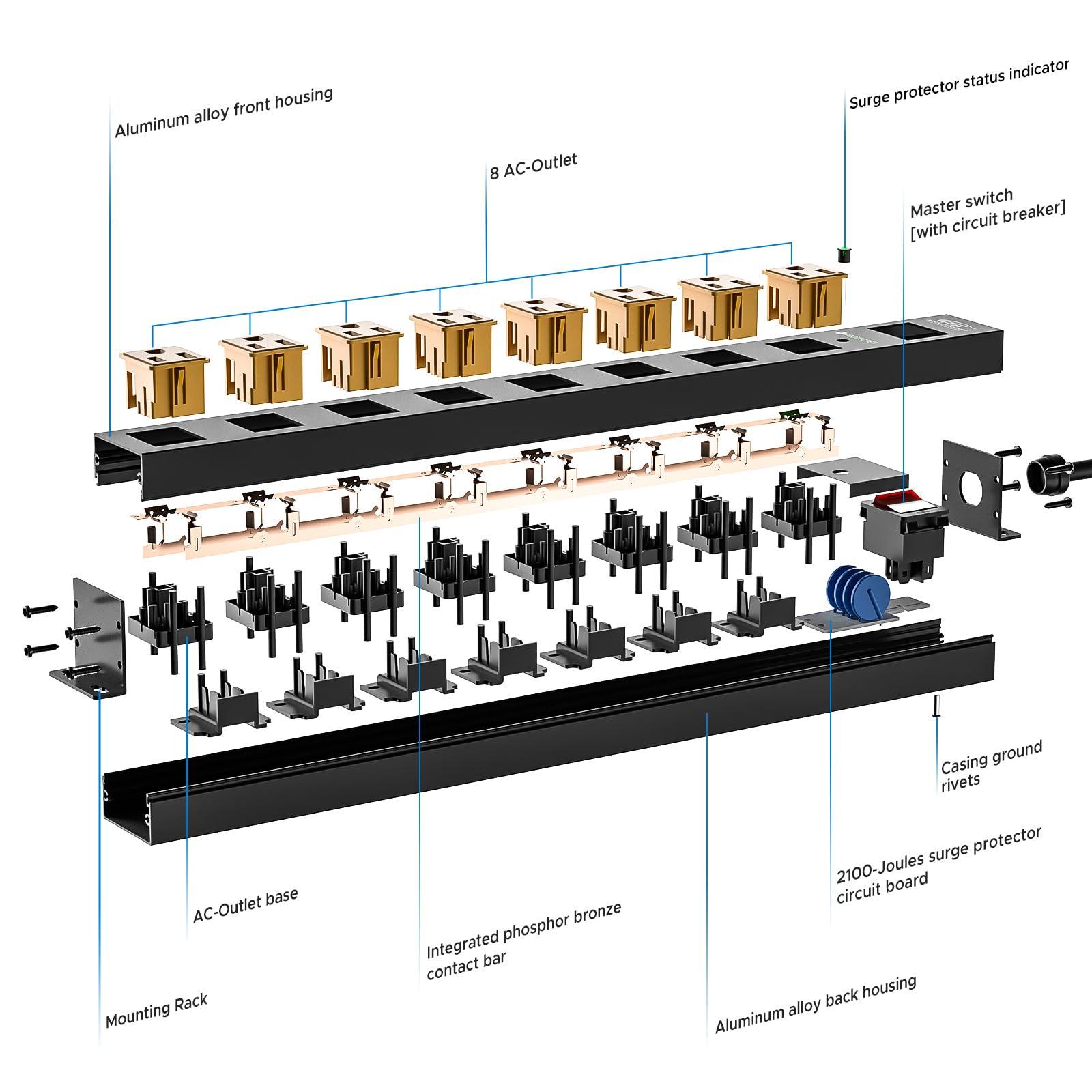 CRST CRST 8 Outlet Metal Long Power Strip,Heavy Duty Surge Protector 2100J, 6 FT Cord Mountable Wide Spaced Workshop Garage Power Strip, 15amp/1875W