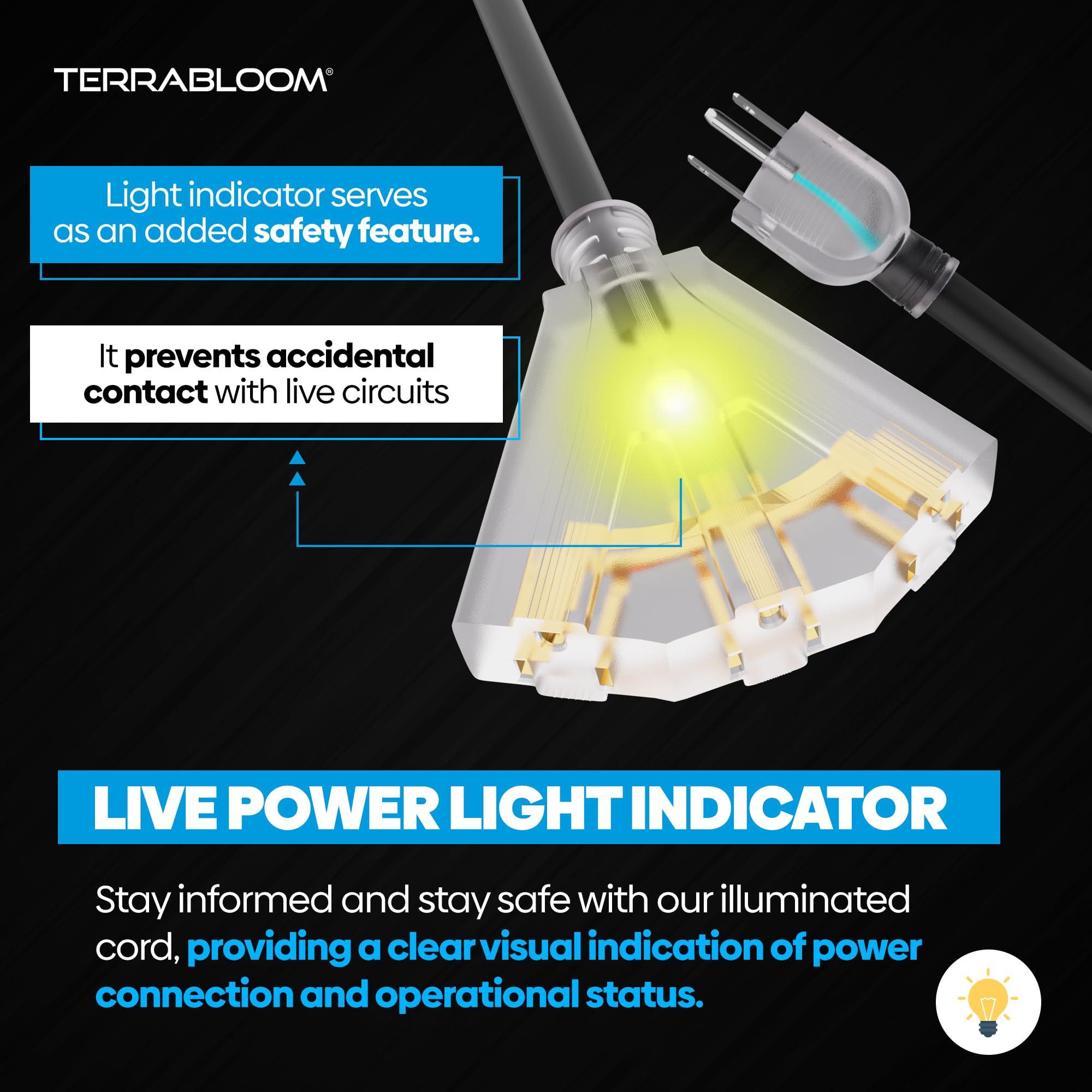 TerraBloom TerraBloom 14/3 Heavy Duty Extension Cord 50 FT Outdoor - Black Outdoor Extension Cord Multiple Outlet - Ultra-Flexible SJEOW Rubber, Light Indicator, Triple Outlet for Maximum Efficiency - 15 Amp