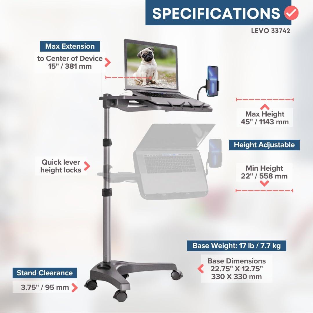 LEVO LEVO G2 V16 Mobile Laptop Stand Desk Rolling Cart with Phone Holder and Mouse Tray