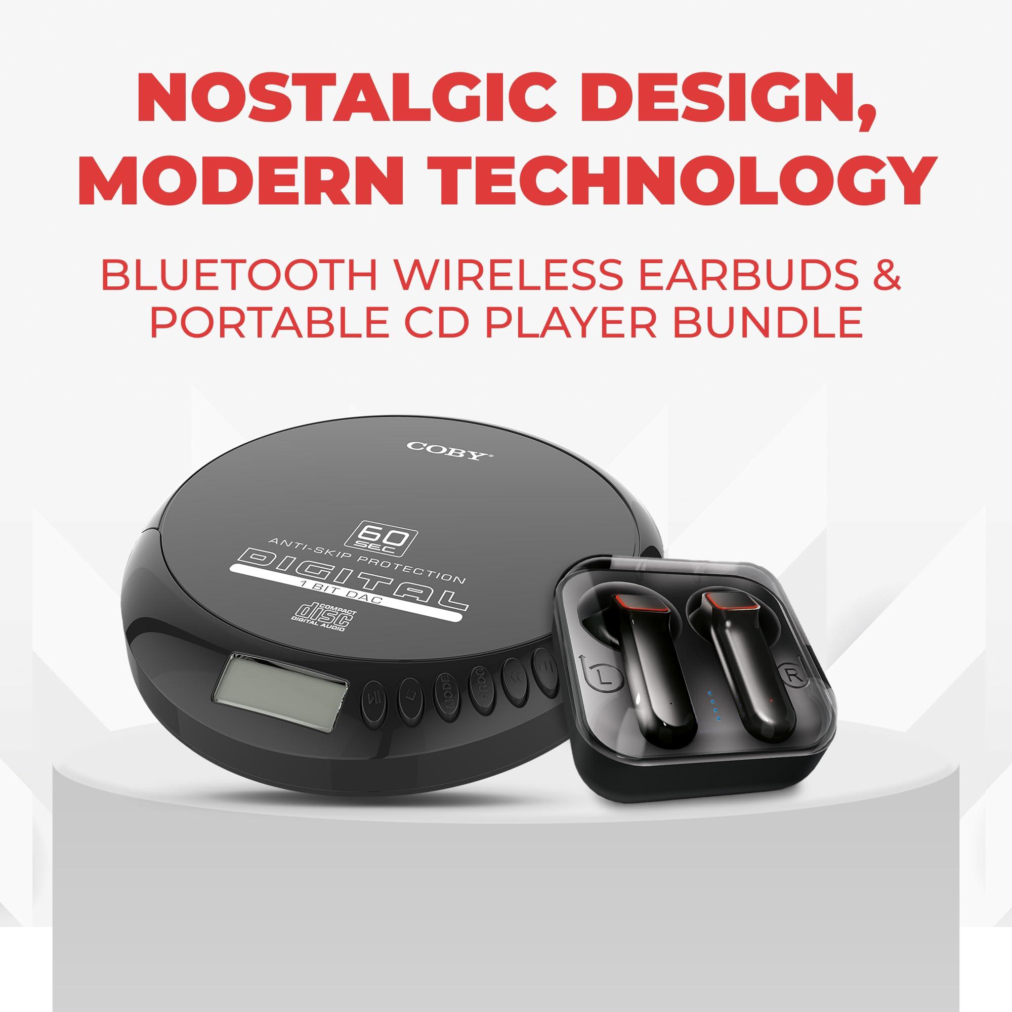 Coby Coby CD Player Portable CD Player with Bluetooth & Wireless Earbuds, Wired Earbuds, FM Radio, AUX, MP3 Anti-Skip CD Player for Home, Car, Rechargeable Ear Buds, Lightweight