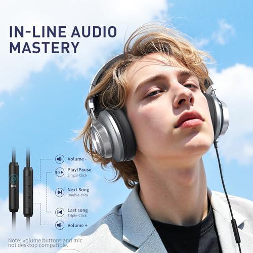 AILIHEN AILIHEN Wired Headphones with Microphone, Over-Ear Foldable Corded Headphones with Volume Control 3.5mm Jack for Teens Adult Smartphones Chromebook (Grey)