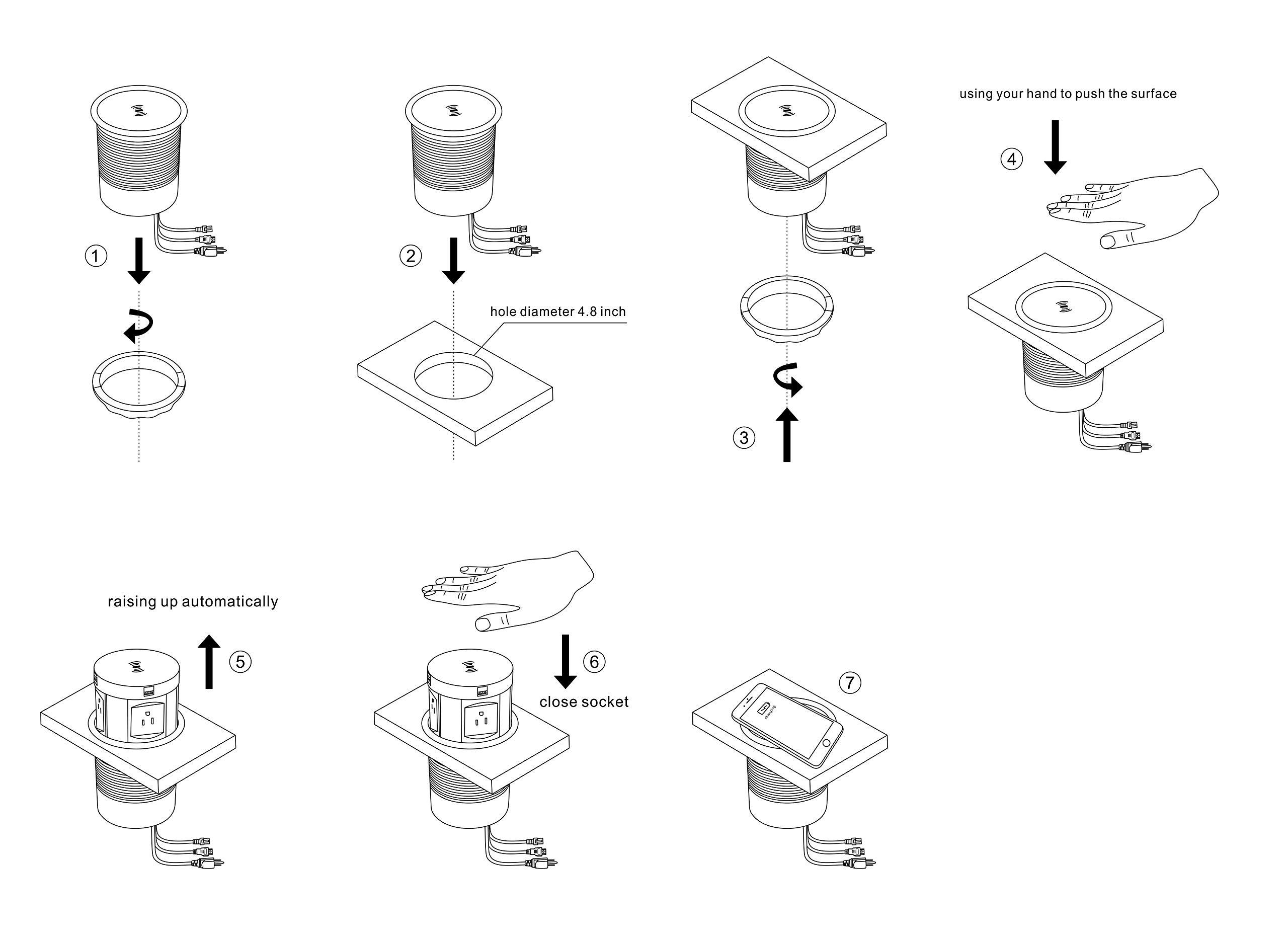 Kungfuking Automatic Pop Up Outlet Surge Protector Retractable Hidden Recessed Power Strip Power Socket with Wireless Charger USB Charging Station, 4US Plug+2USB+1RJ45 Port+1HDMI Port for Ofiice Conference