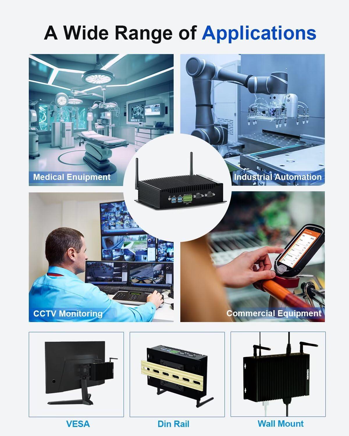 VENOEN VENOEN Fanless Mini PC Win 11 Pro Industrial PC Core i3 10110U, 2xGigabit LAN, 2xRS232/485 COM, 2xHD, DP, 6xUSB, GPIO, WiFi, BT 4.2, VESA, Auto Power On,8GB RAM 512GB SSD Micro Computer