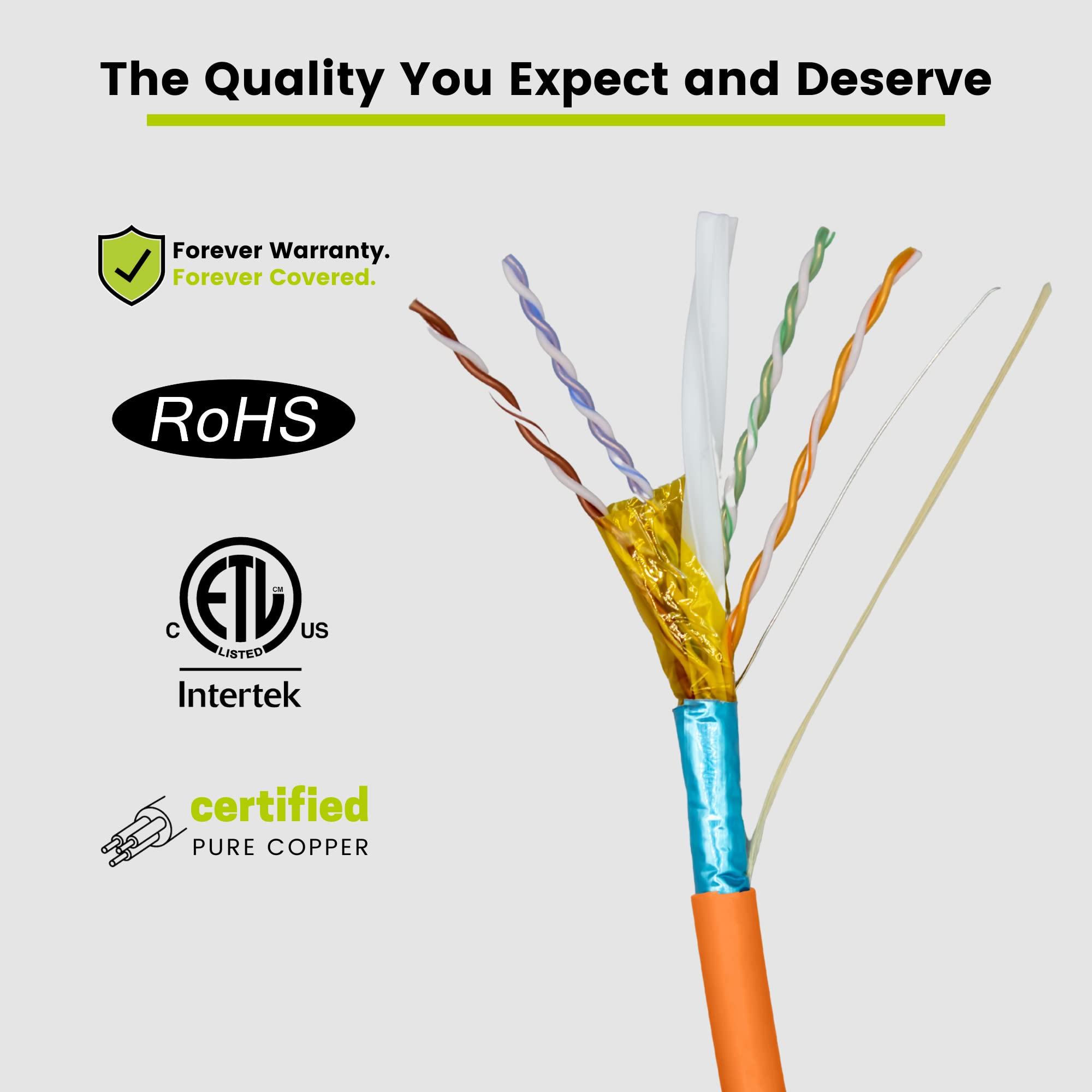 TRUE CABLE trueCABLE Cat6 Plenum Shielded (CMP), 1000ft, Orange, 23AWG Solid Bare Copper, 550MHz, PoE++ (4PPoE), ETL Listed, Overall Aluminum Foil Shield (F/UTP), Bulk Ethernet Cable