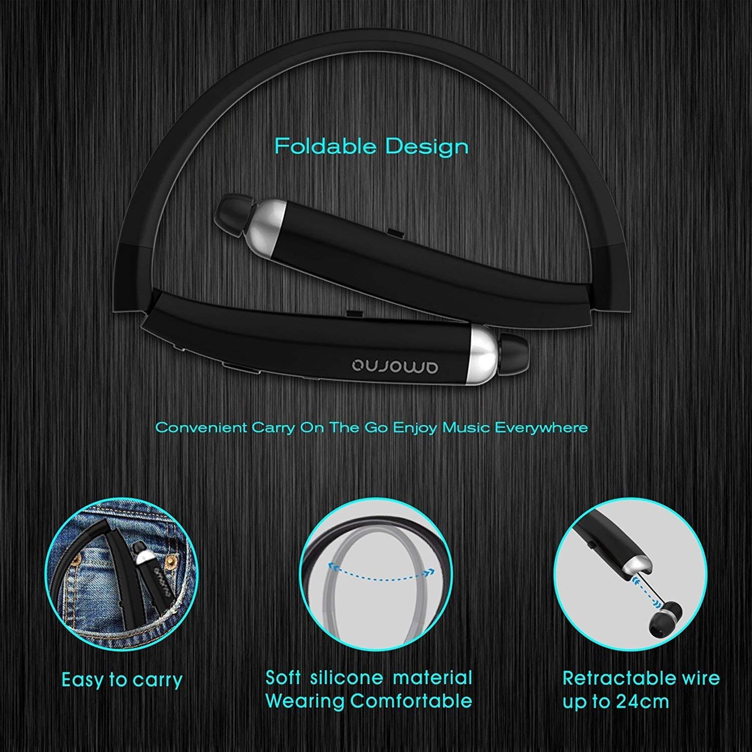 AMORNO AMORNO Foldable Bluetooth Headphones, Wireless Neckband Sports Headset with Retractable Earbuds, Sweatproof Noise Cancelling Stereo Earphones with Mic