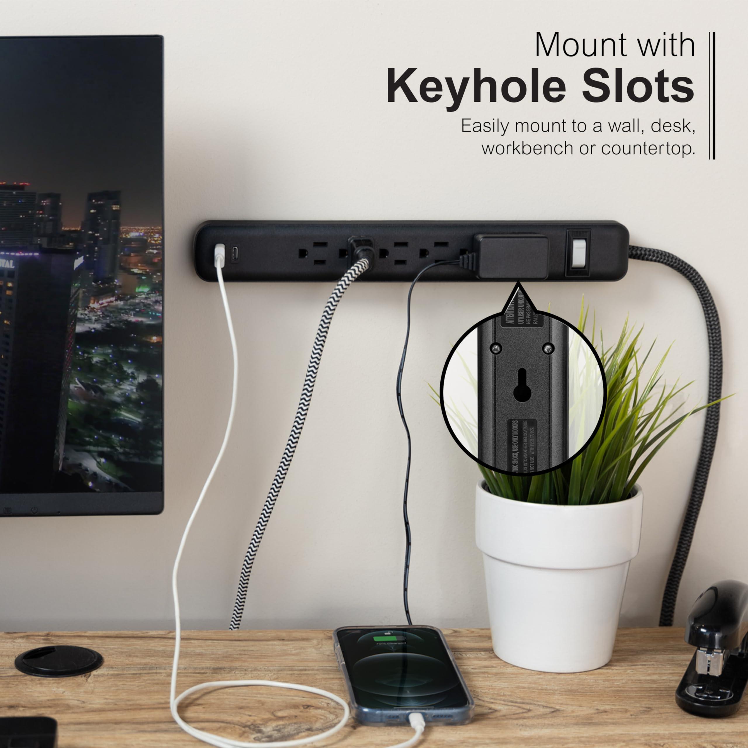 GE GE 6-Outlet Power Strip with USB, 1 USB-A, 1 USB-C, Outlet Extender, 6 Ft Braided Extension Cord, Flat Plug, Charging Station, Black, 82595