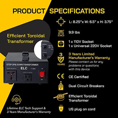 ELC ELC T Series 1500+ Watt Voltage Converter Transformer - Step Up/Down - 110v to 220v / 220v to 110v Power Converter - Circuit Breaker Protection, CE Certified [3-Years Warranty]
