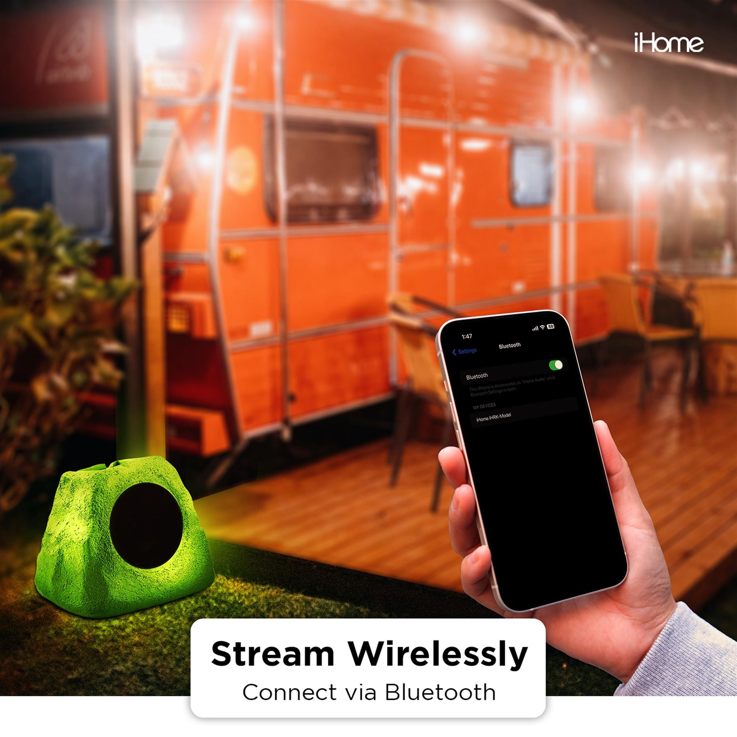 iHome iHome IHRK-500LTMS-PR Solar Rechargeable 30W Outdoor LED Rock Speaker, Weatherproof, Wireless, Multi-Link Surround Sound, for Pool and Garden - Pair