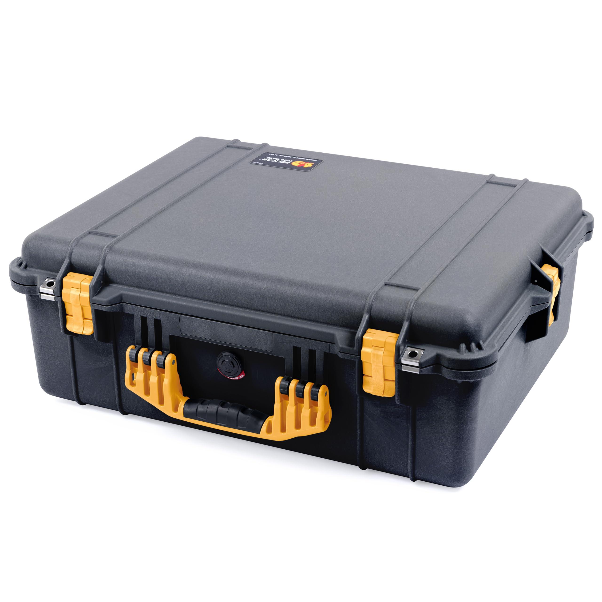 ColorCase Pelican 1600 Case by ColorCase - Black - Large Size Waterproof Case with Pick & Pluck Foam Set & Convoluted Lid Foam - Yellow Handle & Latches
