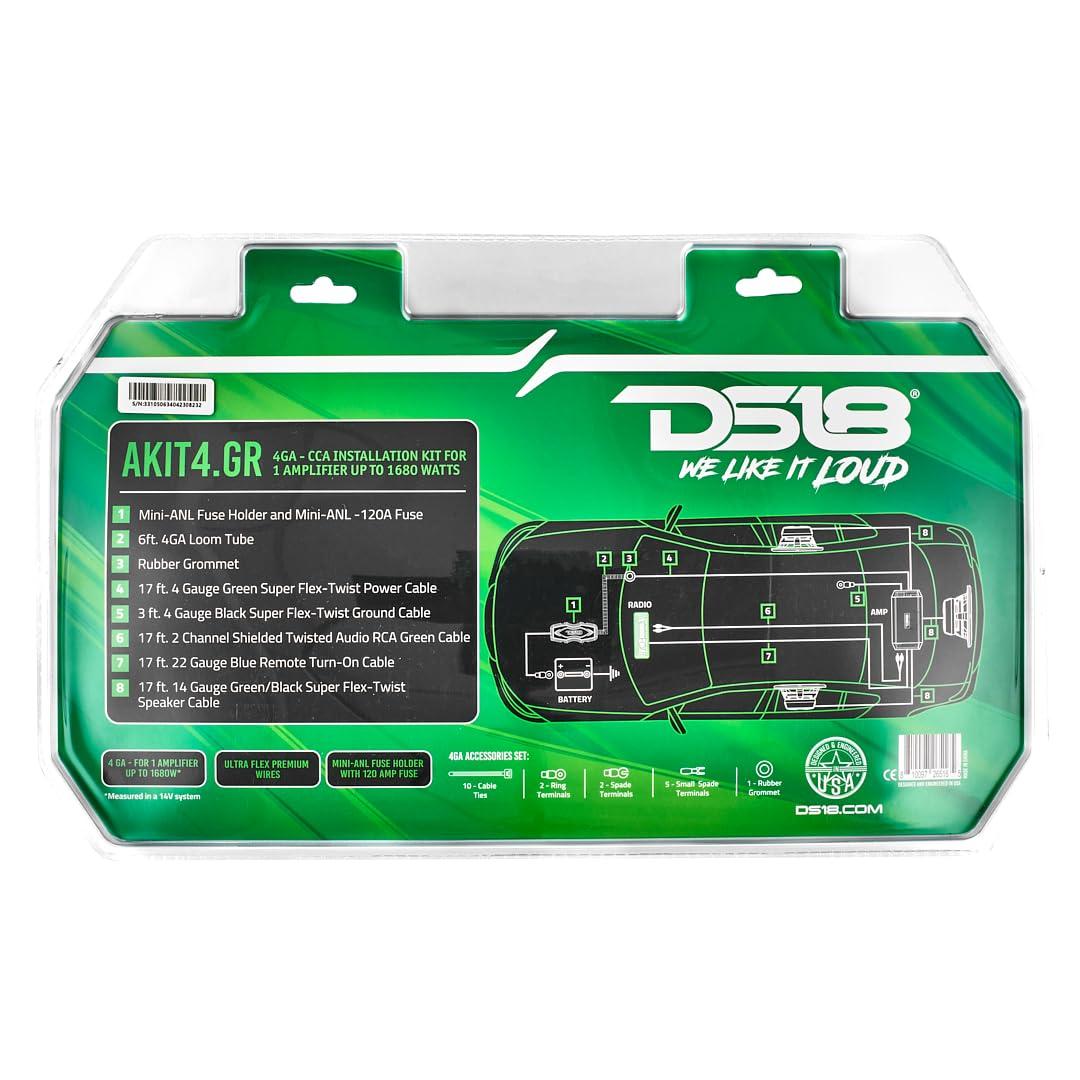 DS18 DS18 AKIT4.GR 4-GA Amplifier Installation Kit Up to 1680 Watts RMS, Mini-ANL Fuse Holder, Speaker & RCA Cables, CCA Amplifier Wiring Kit, Ultra Flex Wire, Amp Wire Kit, Amp Wiring Kit 4 Gauge - Green