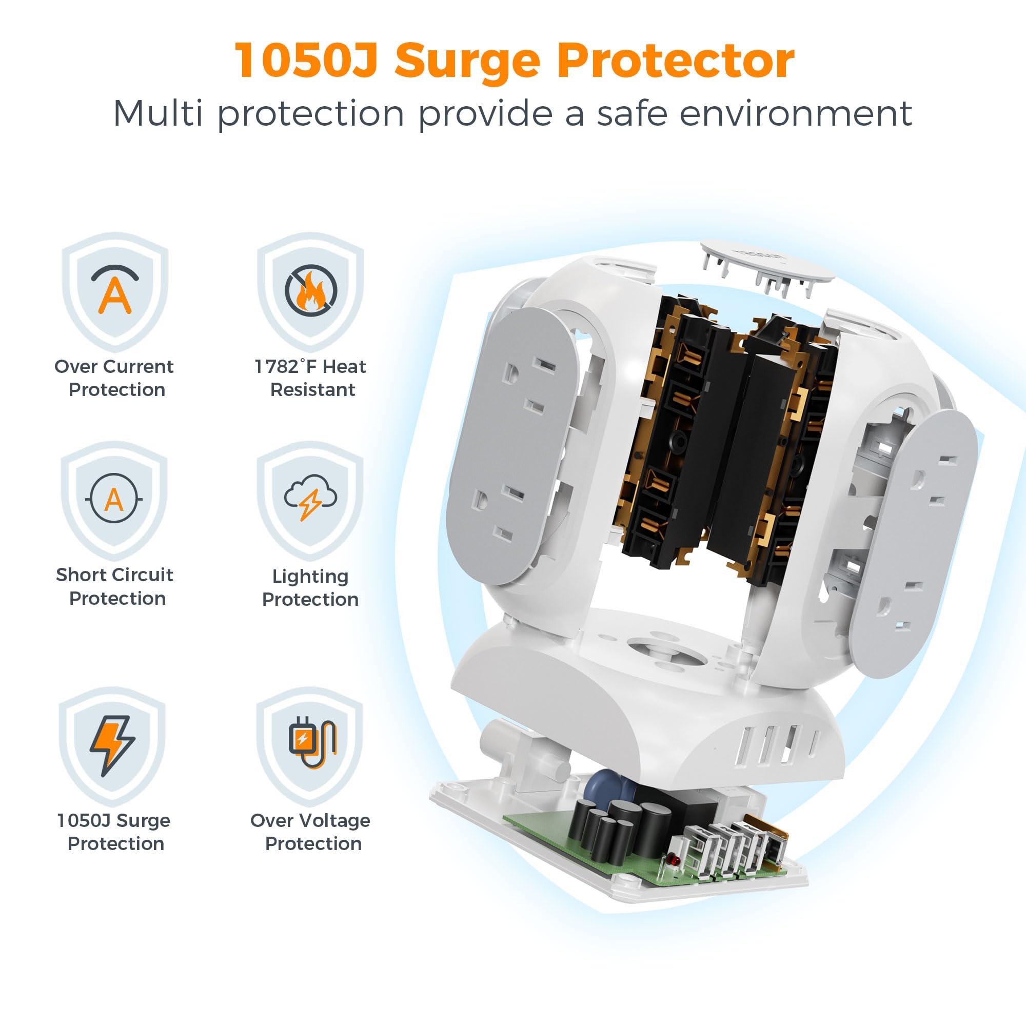 TESSAN Surge Protector Power Strip Tower, TESSAN Flat Plug Extension Cord 10 Ft with 8 AC Multiple Outlets 4 USB Ports (1 USB C), 1050J Protection Desk Charging Station for Home, Office Supplies, Dorm Room