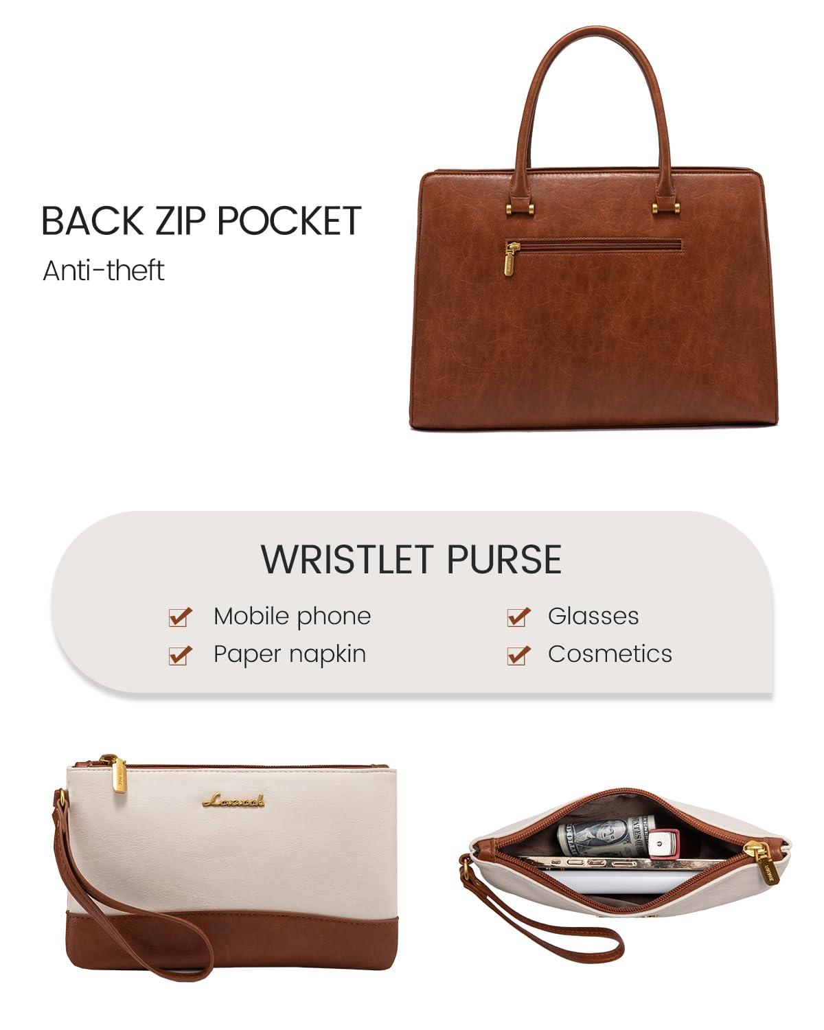 LOVEVOOK LOVEVOOK Laptop Bag for Women, Vintage Leather Laptop Tote Bag Work Bags for Women, Waterproof Computer Bag Business Office Briefcase Large Shoulder Handbag Purse, 17 Inch, Brown-Beige