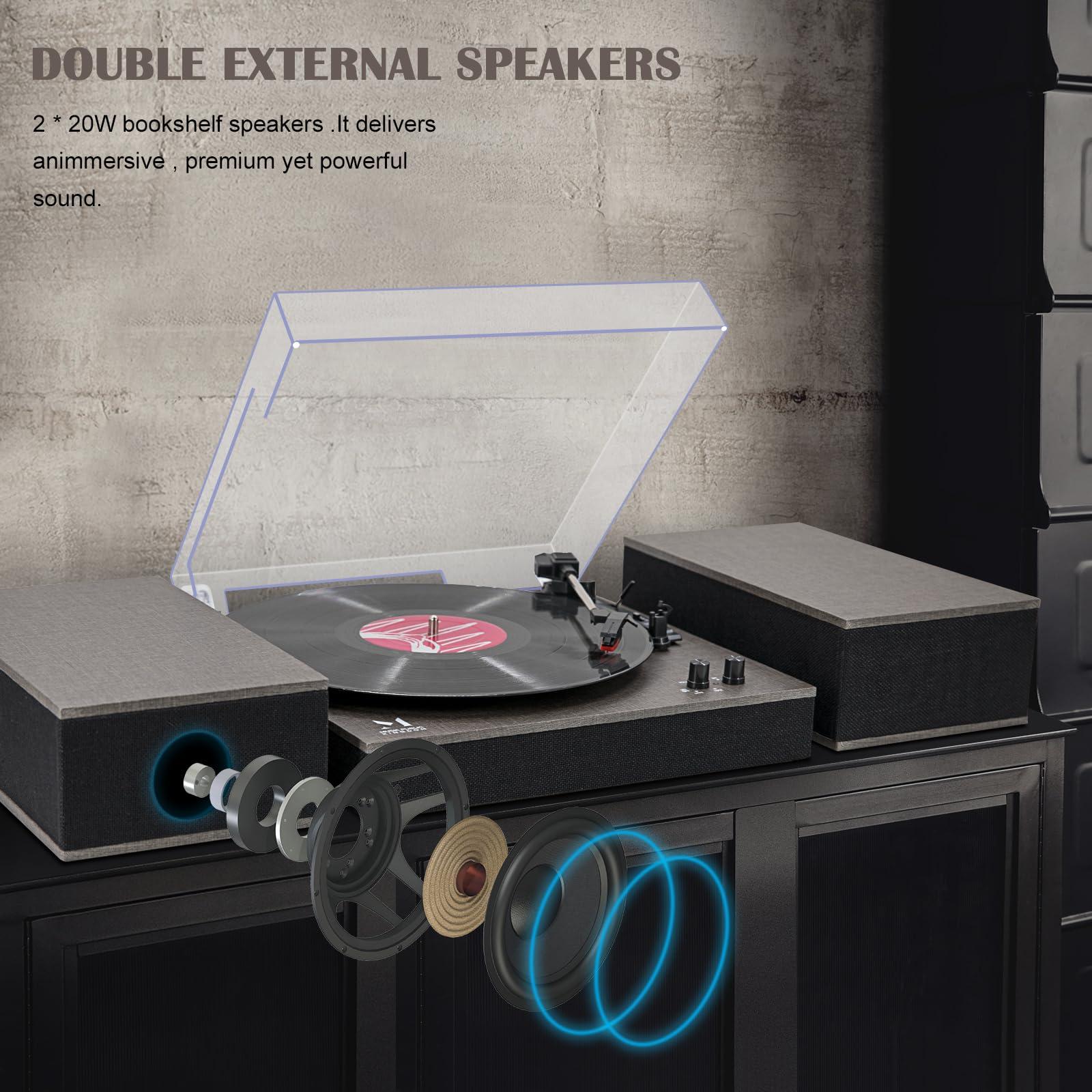 M MUSIC PUBLIC KINGDOM MPK Bluetooth Record Player,Turntable HiFi System with Bookshelf Speakers, 3-Speed Belt-Drive Vinyl Turntable for Vinyl Records with Wireless Playback and Auto-Stop,Grey Cloth Pattern