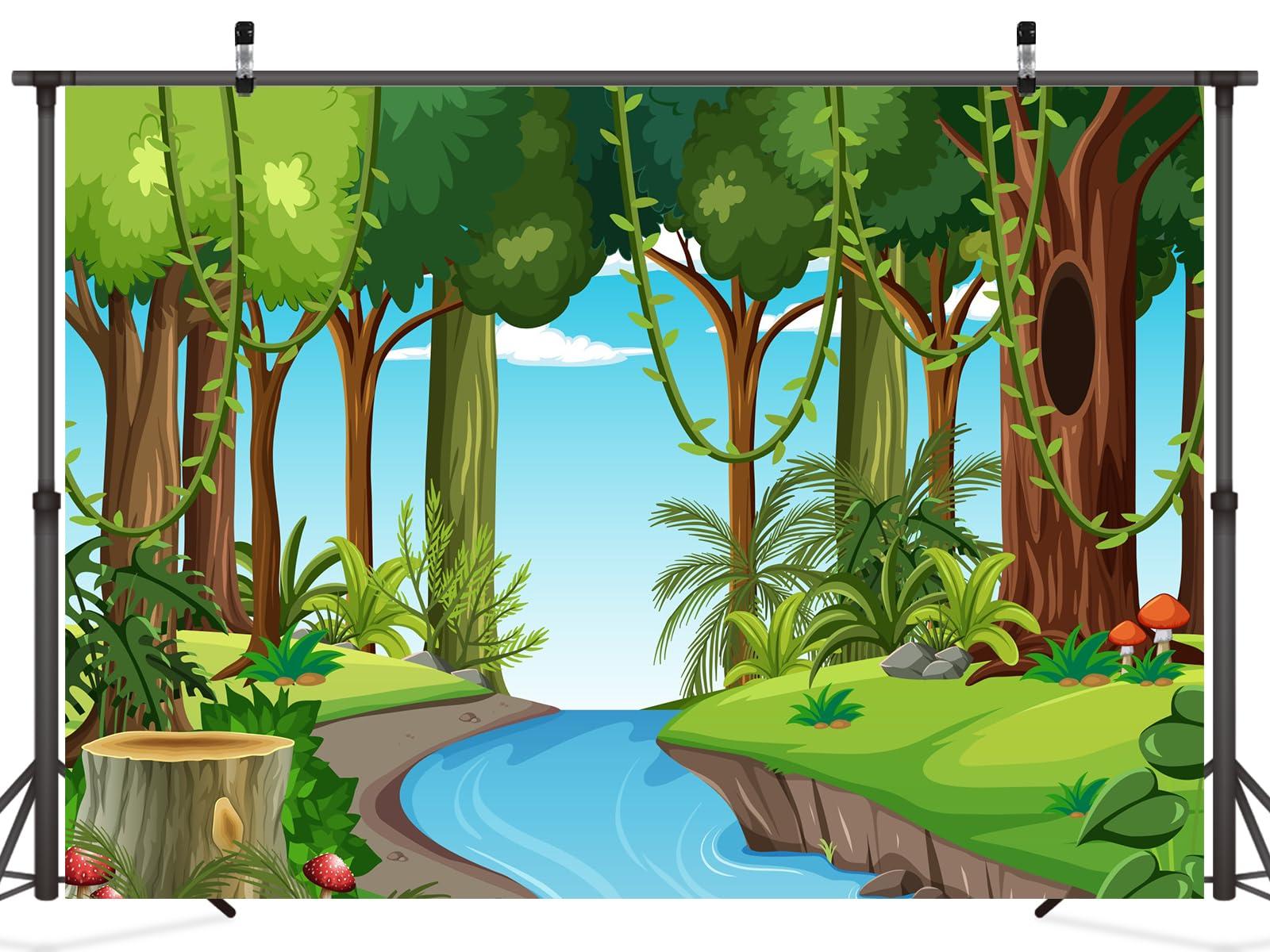 CORFOTO CORFOTO Jungle Forest Backdrop 5x3ft Fabric Nature Wild Scene River Pond Green Forest Photography Background for Safari Themed Birthday Party Supplies Zoo Party Banner Baby Shower Tropical Photo Props