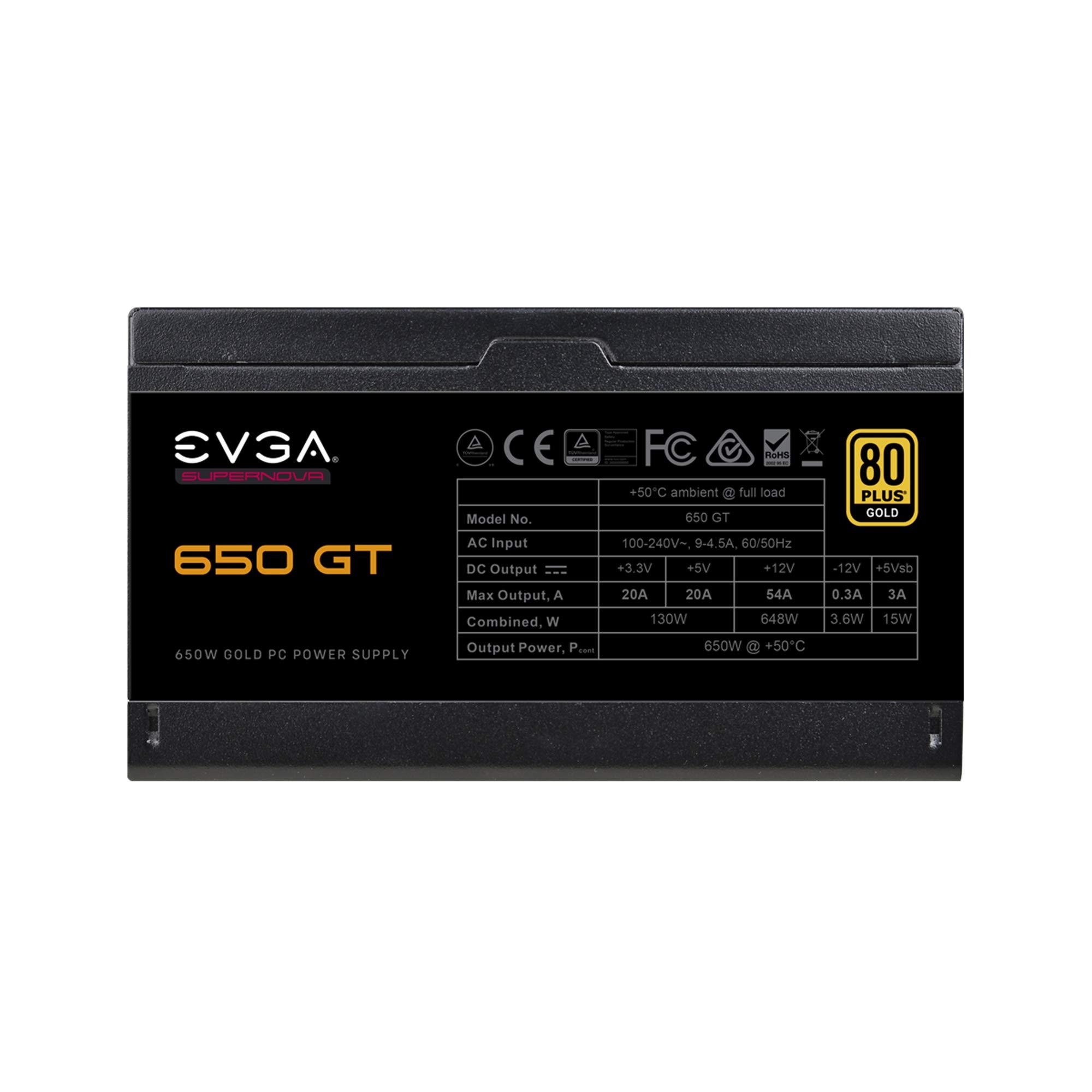 EVGA EVGA 650 GT, 80 Plus Gold 650W, Fully Modular, Auto Eco Mode with FDB Fan, 100% Japanese Capacitors, 7 Year Warranty, Includes Power ON Self Tester, Compact 150mm Size, Power Supply 220-GT-0650-Y1