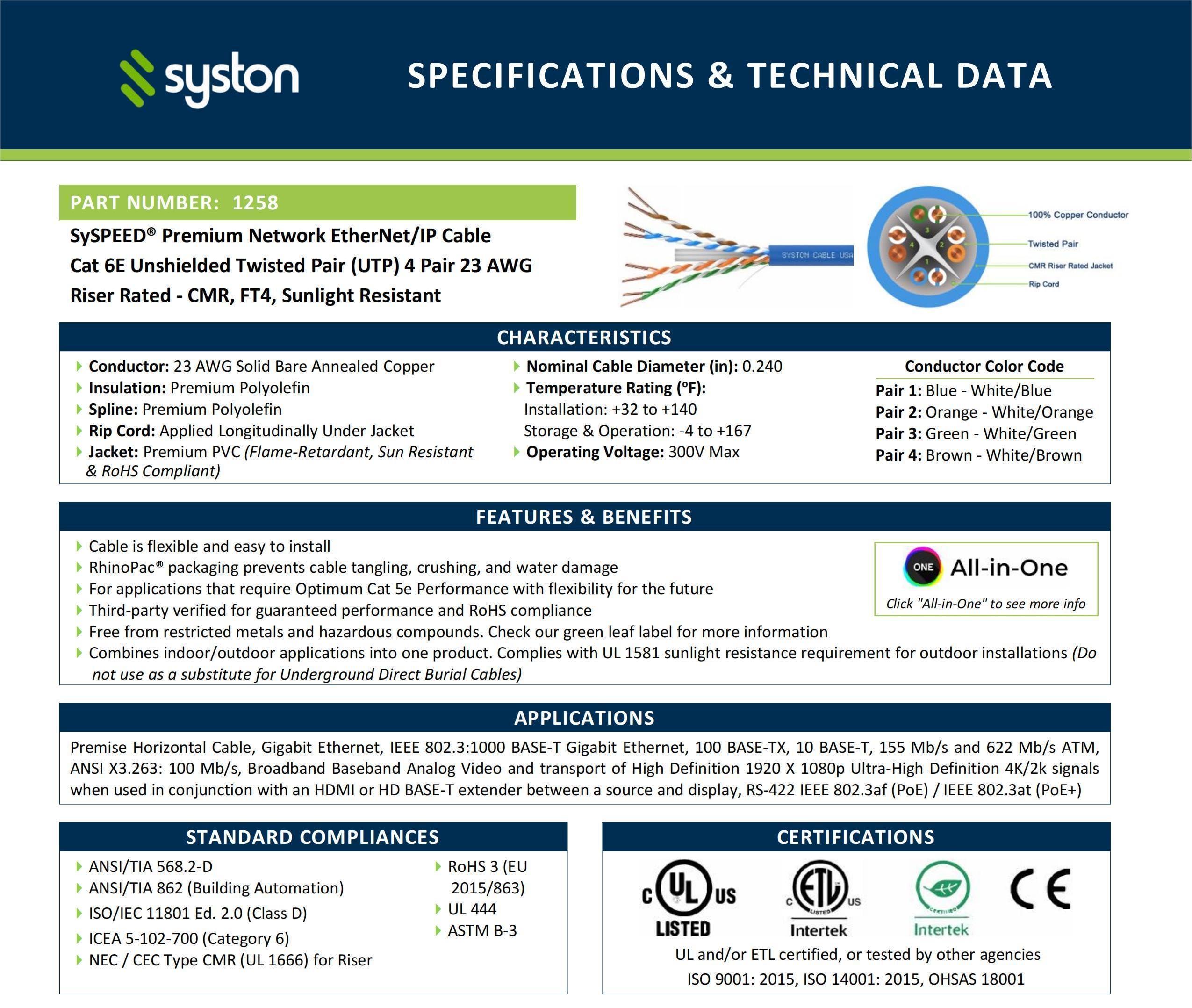 Syston Cable Technology Syston Cable Technology Cat 6E Ethernet Network Cable - 200 FT600MHz 23AWG Solid Bare Copper Wire Outdoor/Indoor, Bulk No Ends 10 Ft to 1000 Ft Available, Heat Resistant Riser Rated - CMR