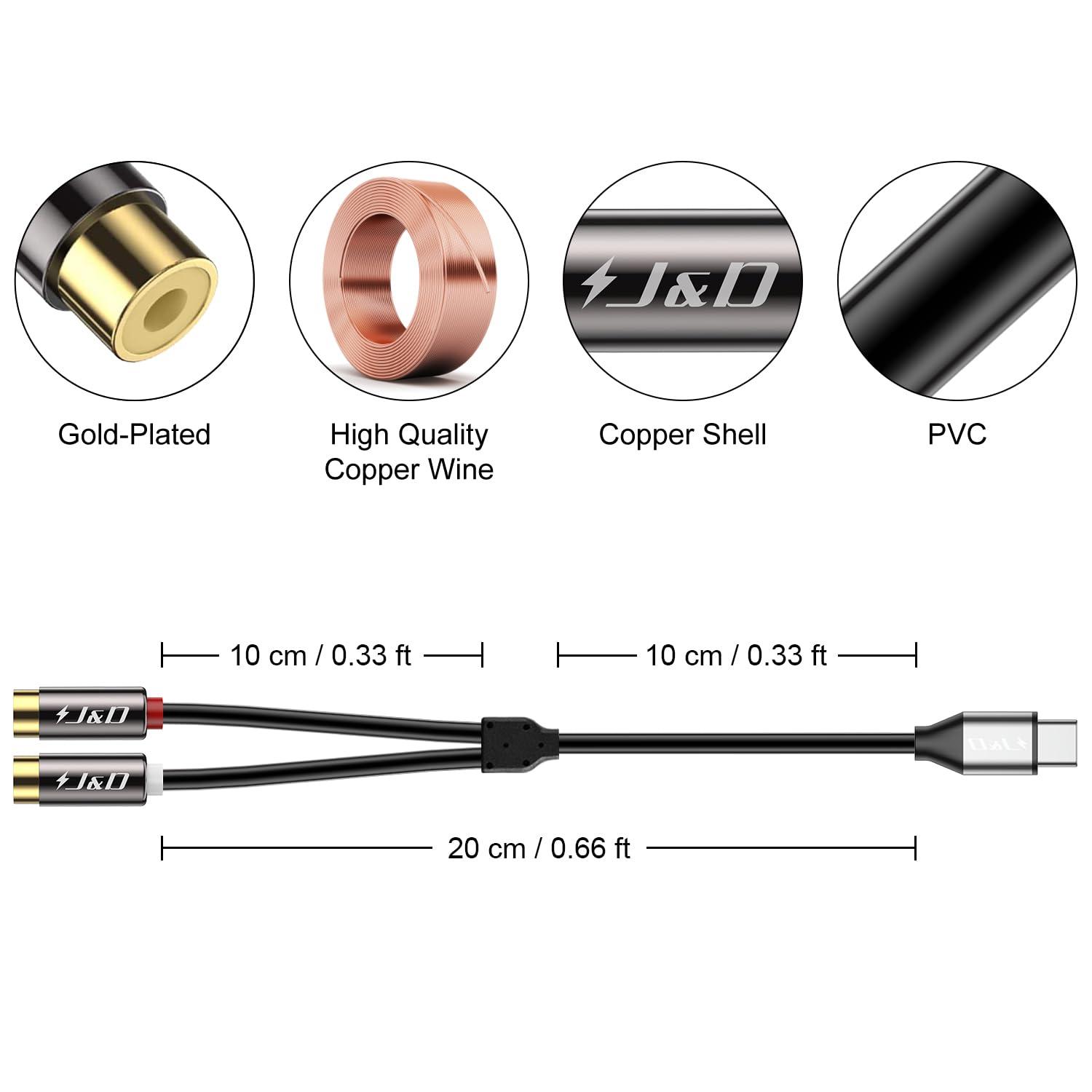J&D J&D USB C to RCA Stereo Cable, Type C to 2 RCA Female Y Splitter RCA Extension Cord Compatible for iPhone 16 Pro Max/16 Pro/16 Plus/16/15/15 Pro Max/15 Pro/15 Plus, Galaxy S24/S23/S22, 0.6 Feet