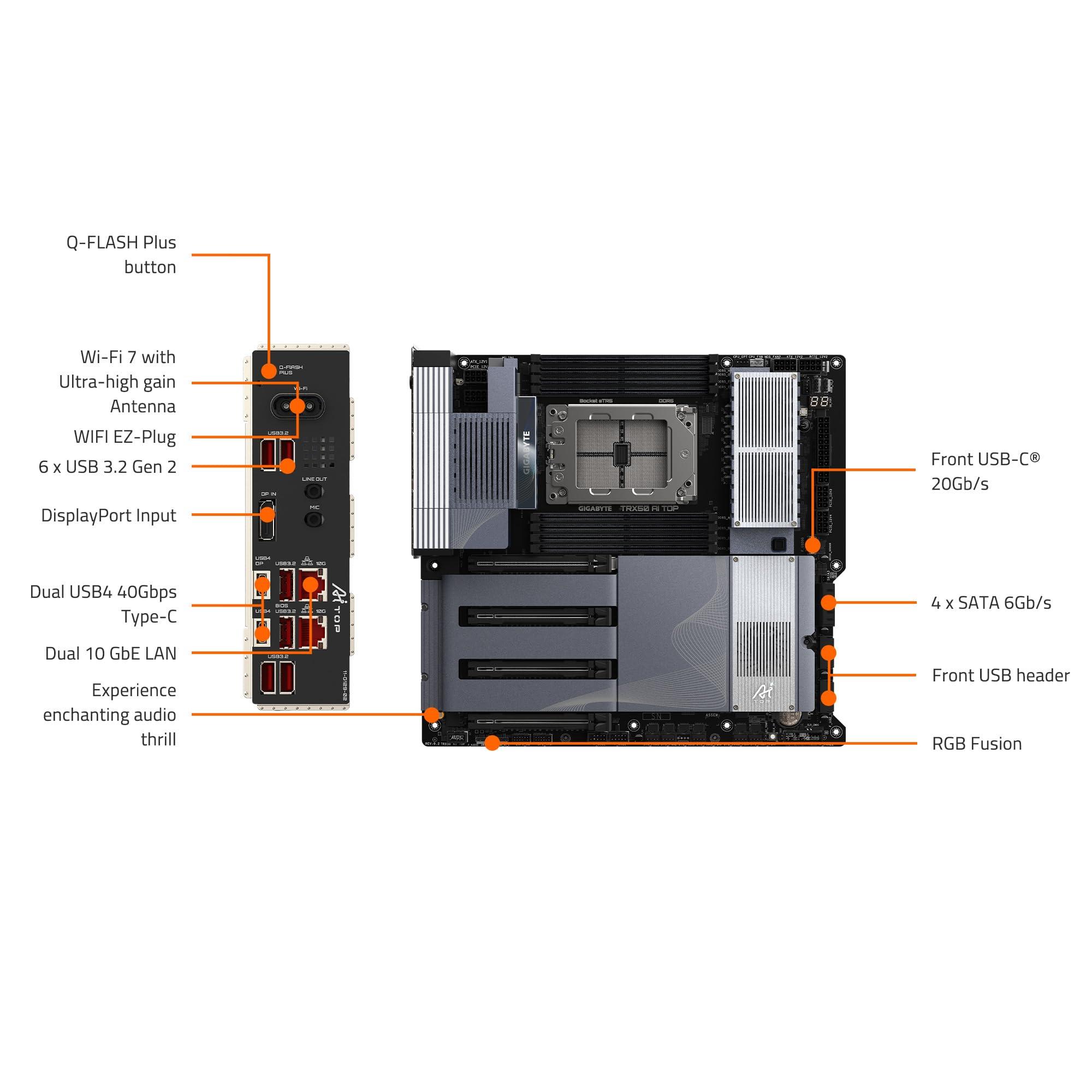 GIGABYTE GIGABYTE TRX50 AI TOP sTR5 AMD TRX50 EATX Motherboard - DDR5, PCIe 5.0 M.2, PCIe 5.0, USB4 Type-C, Wi-Fi 7, Marvell 10GbE
