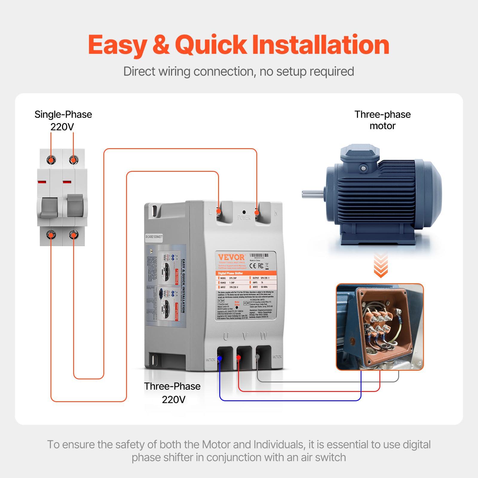 VEVOR VEVOR 3 Phase Converter - 2HP 7A 220V Single Phase to 3 Phase Converter, 220V Input/Output, Digital Phase Shifter for Residential & Light Commercial Use (One Converter for One Motor Only)