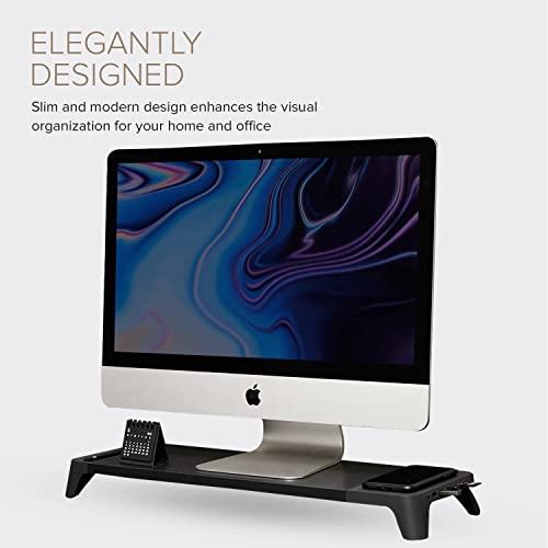 POUT POUT E8 Wood Desk Monitor Computer Stand Riser Shelf + USB HUB + Qi Fast Wireless Charging Charger Pad Mat for Laptop, Apple, iMac, PC, iPhone, Samsung Galaxy, Airpod 2, Buds (Black)