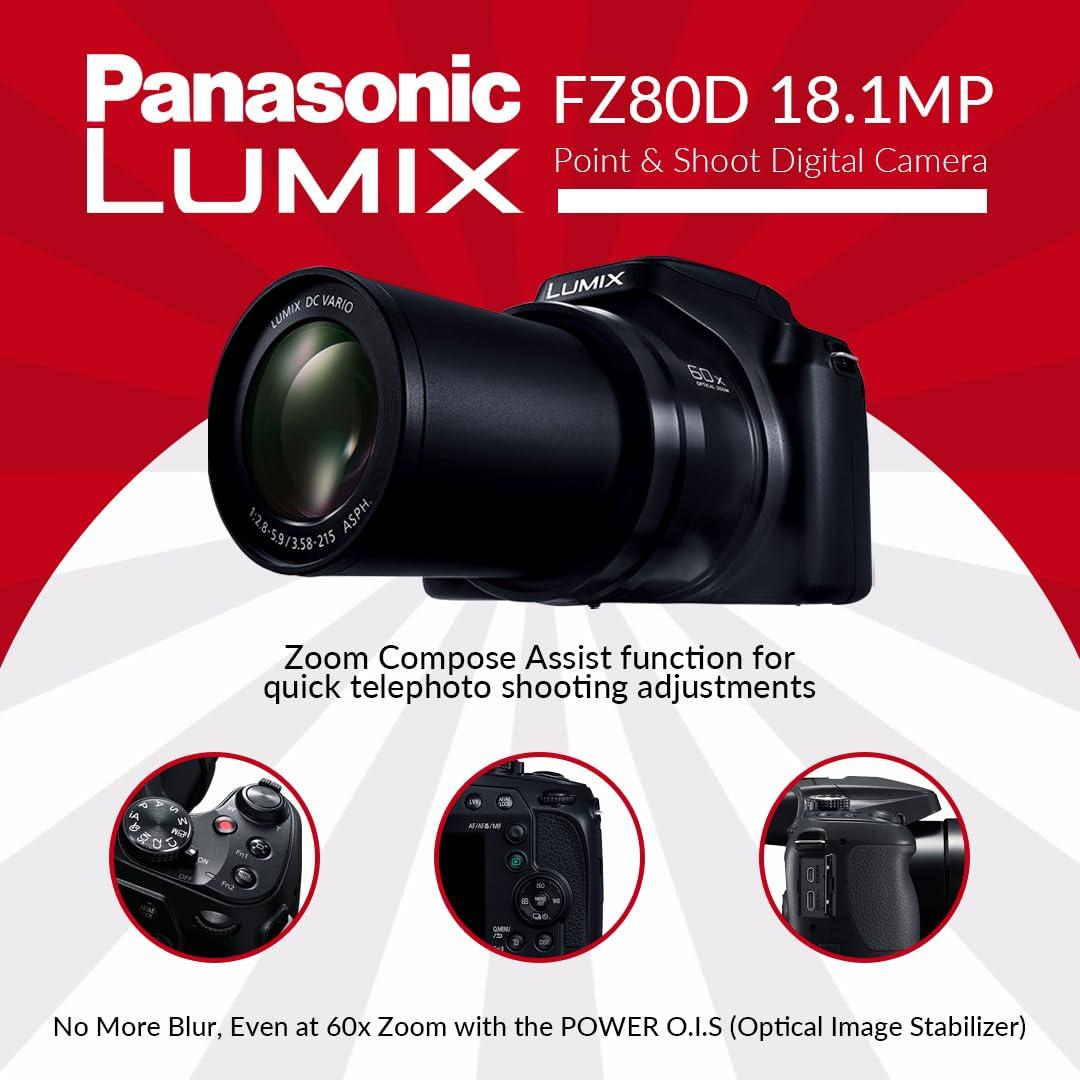 Panasonic Panasonic LUMIX FZ80D 18.1MP Point & Shoot Digital Camera Bundle with SanDisk Ultra 32GB Memory Card, Slinger Shoulder Bag, Camera Wrist Strap