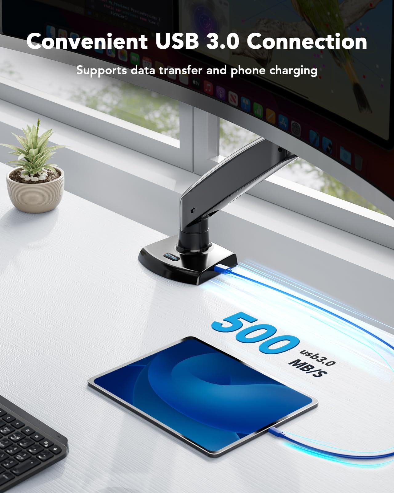 HUANUO HUANUO Single Monitor Arm for 40 inch Screens, Ultrawide Computer Monitor Mount Holds 26.48 lbs, Upgraded Adjustable Monitor Stand with USB, C-Clamp & Grommet Base, VESA 75x75 or 100x100mm