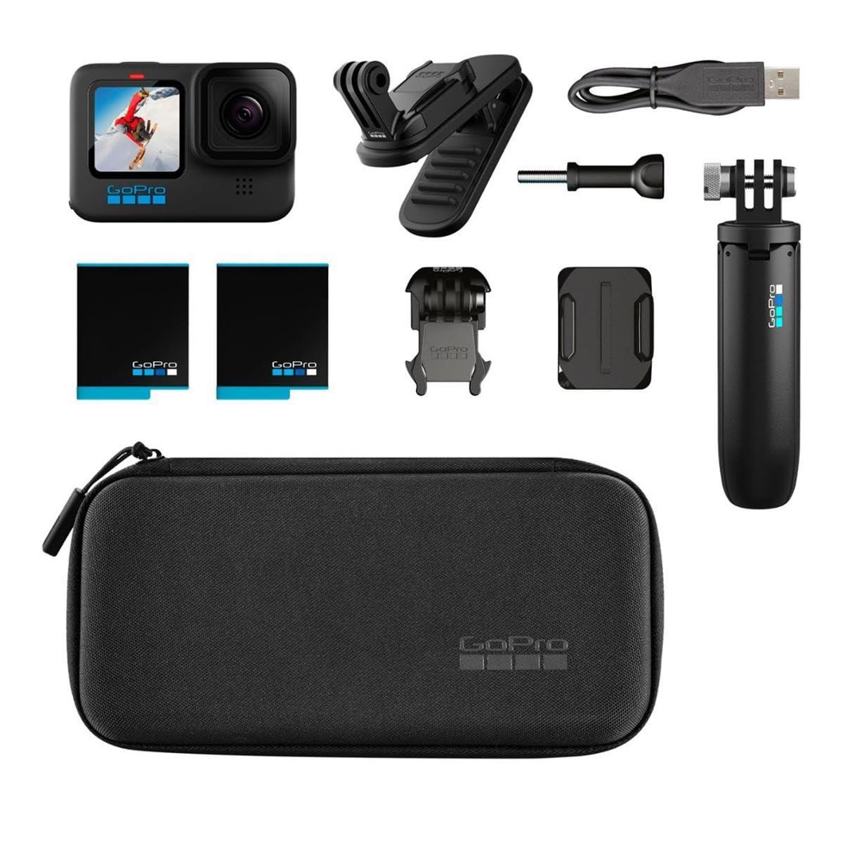 GoPro GoPro HERO10 Black Accessory Bundle - Includes HERO10 Camera, Shorty (Mini Extension Pole + Grip), Magnetic Swivel Clip, Rechargeable Batteries (2 Total), and Camera Case