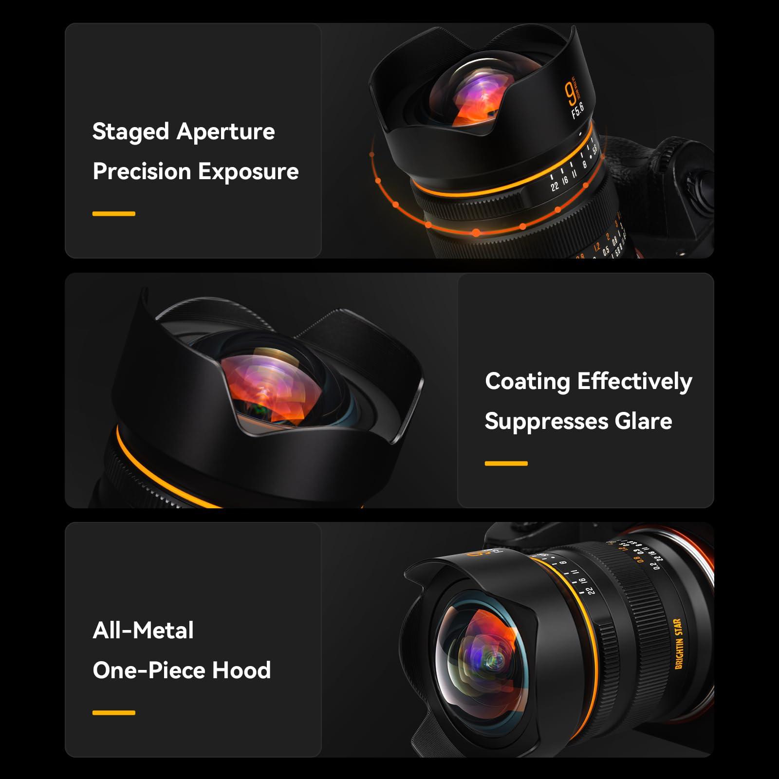 brightin star Brightin Star 9mm F5.6 Lens for Sony E-Mount, Full Frame 132 Ultra Wide Angle Manual Focus Prime Mirrorless Camera Lens for A7 III A7R IV A7C A7S III A1 A7 IV A6600 ZV-E10 ZV-1 A9 II
