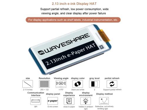 waveshare 2.13inch E-Ink Display HAT V3 Version, 250x122 Resolution 3.3V/5V Black White Two-Color e-paper Screen Module for Raspberry Pi Zero/Zero W/Zero WH/2B/3B/3B+/4B, Supports Partial Refresh, SPI Interface