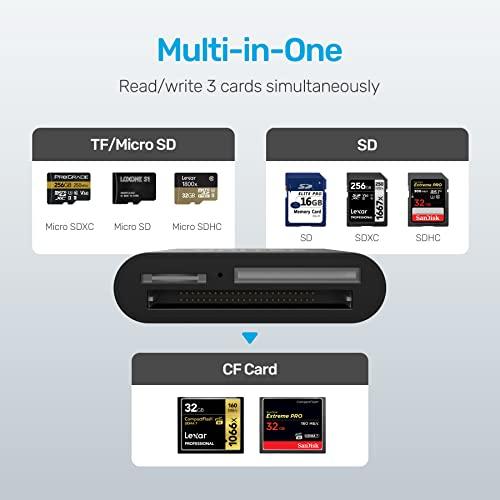 Unitek USB Card Reader, Unitek 3-Slot USB 3.0 Compact Card Reader, Read 3 Cards Simultaneously, Aluminum SD Micro SD CF Card Adapter Supports Flash Memory Card, Black