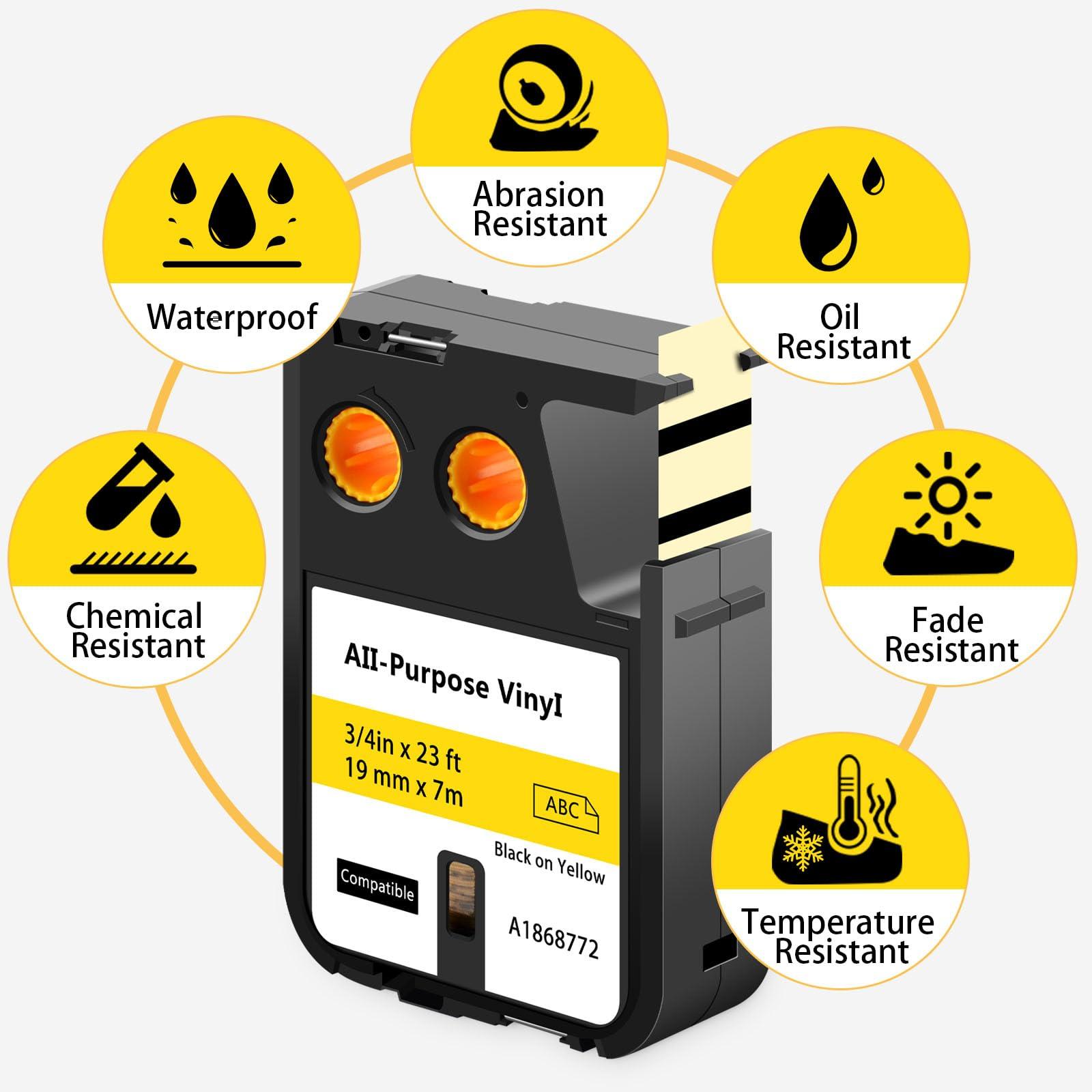 KCMYTONER KCMYTONER 5 Pack Compatible for Dymo 1868772 3/4\" x 23 ft (19mm x 7m) Black on Yellow All-Purpose Vinyl Labels Replacement for Rhino XTL-300 XTL-500 Label Makers