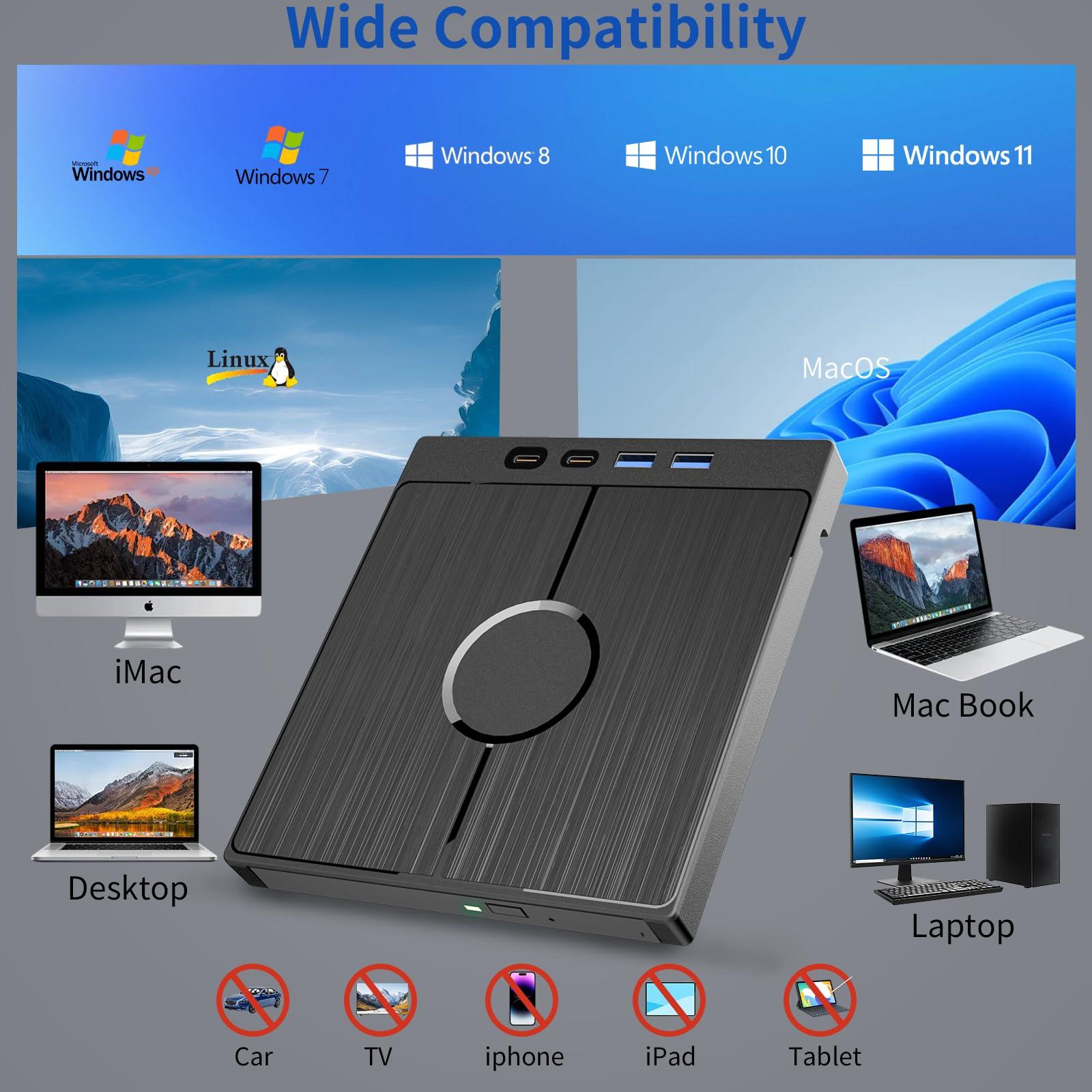 Yaeonku External Blu Ray Drive 7in1, Portable Blueray/DVD Drive for PC with USB 3.0/Type-C/SD/TF Card Ports, Support 100G Disc USB Blu Ray Drive External, Blu Ray Burner for Windows XP/7/8/10/11 Mac Laptop