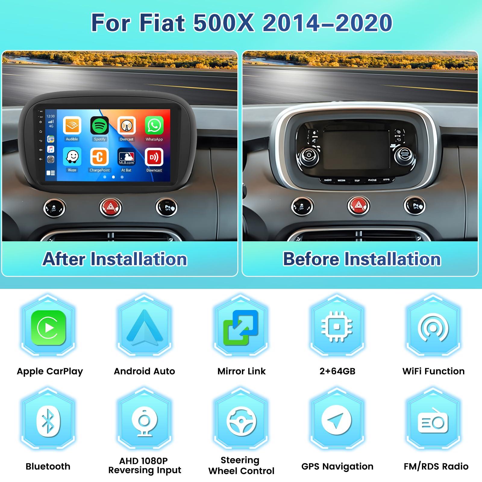 Fuluku 2+64GB for Fiat 500X 2014-2020 Android 15 Car Stereo Wireless Carplay Android Auto, 9'' Touch Screen Car Radio GPS Navigation WiFi Bluetooth EQ FM/RDS Radio SWC Backup Camera
