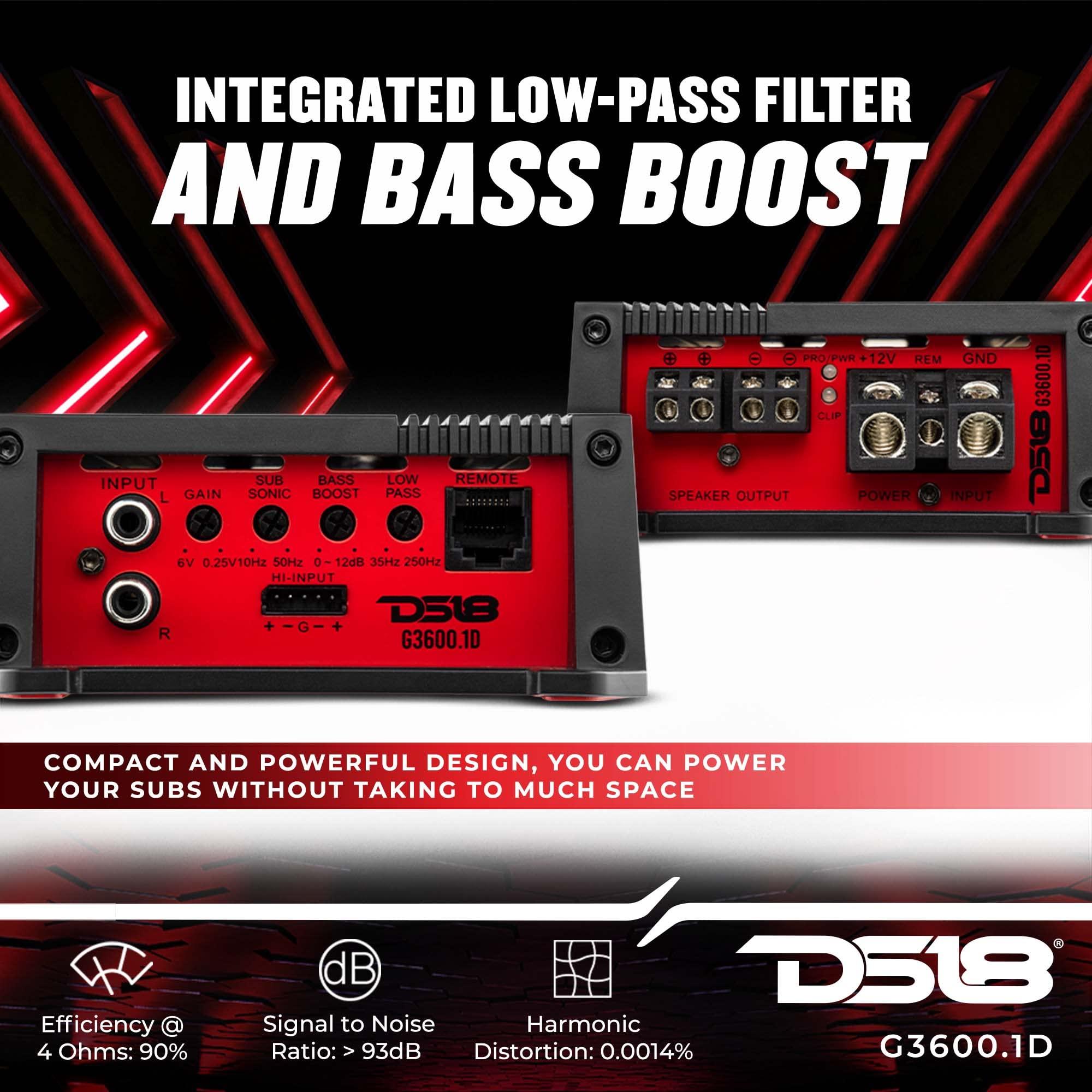 DS18 DS18 G3600.1D Car Audio Amplifier 1-Channel Class D Monoblock 3600 Watts - Remote BASS Knob Included - Compact Design Easy Installation - Extremely Powerful Amp for Vehicle Sound Systems (Renewed)