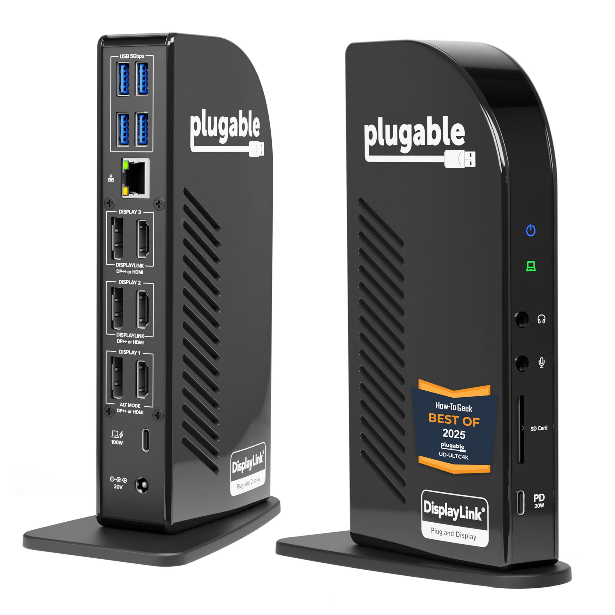 Plugable Plugable 4K Docking Station Triple Monitor with 100W Power Delivery, USB-C Dock for Thunderbolt and USB-C Windows and Mac M1 M2 M3, Driver Required (3X HDMI, DisplayPort, 1x USB-C, USB 3.0, SD Card)