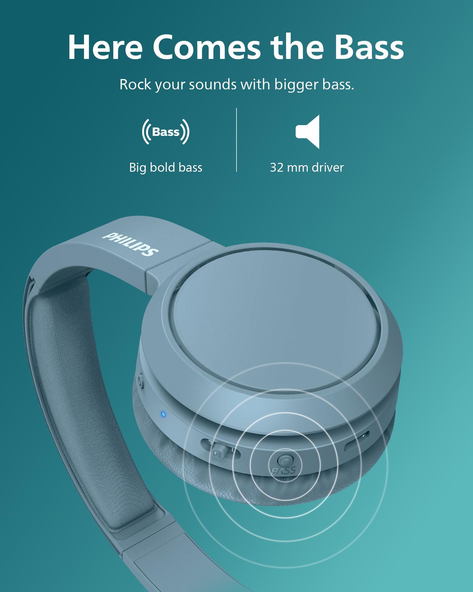 PHILIPS PHILIPS H4205 Wireless Headphone,On-Ear Bluetooth Headphone with BASS Boost,Quality Sound,32mm Drivers,29-Hour Battery Life,Fast Charging,Lightweight,Adjustable Cushioned Headband,Soft Ear Cups,Blue