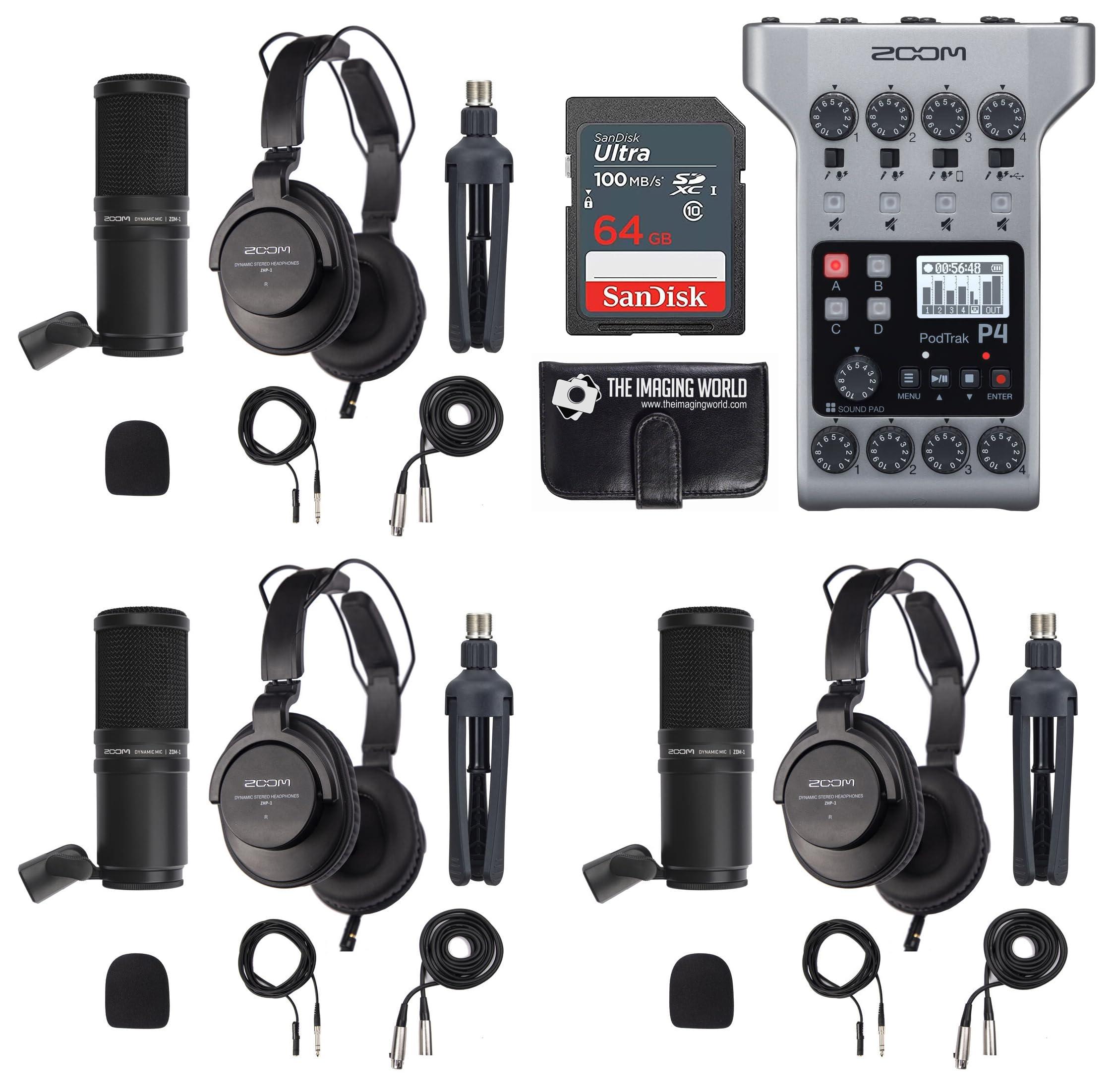 The Imaging World Zoom PodTrak P4 Portable Multitrack Podcast Recorder Bundle with Three (3) Mic Packs with Headphones, Windscreen, XLR, and Tabletop Stands + 64GB Card + Wallet