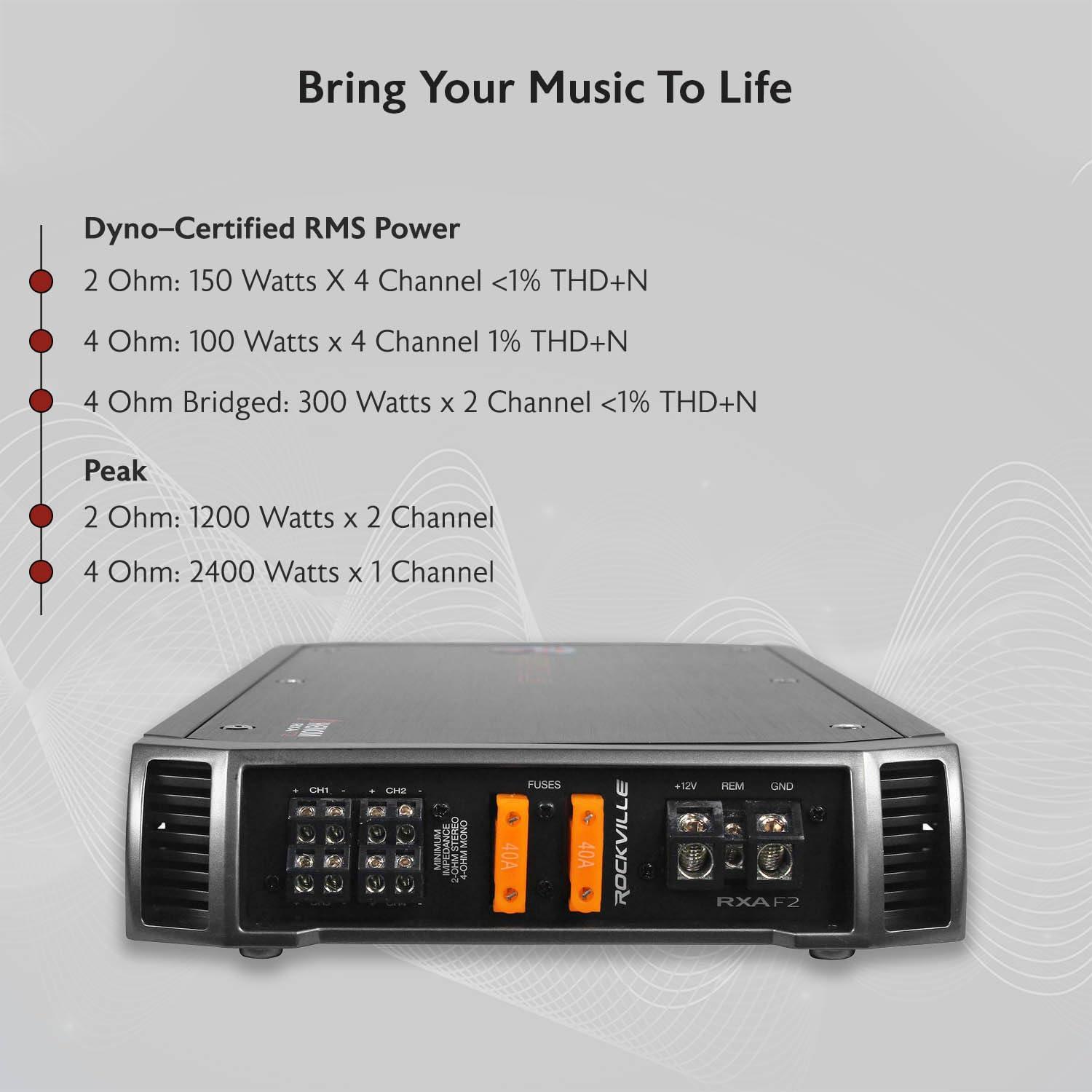 Rockville Rockville RXA-F2 2400W 4-Channel Car Amplifier, Dyno-Certified RMS, MOSFET Power Supply, ELNA Capacitors, Class A/B, Perfect for Car Audio and Subs