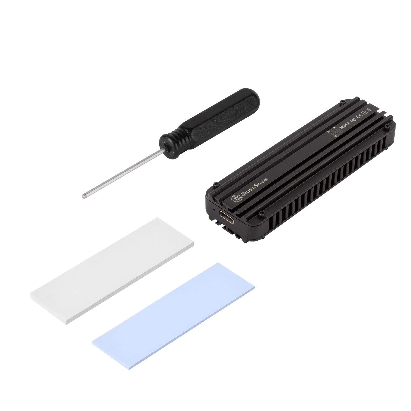 SilverStone Silverstone MS12, 20Gbps SuperSpeed+ USB 3.2 Gen 2x2 Type-C to NVMe M.2 SSD Enclosure, Aluminum, Black, SST-MS12