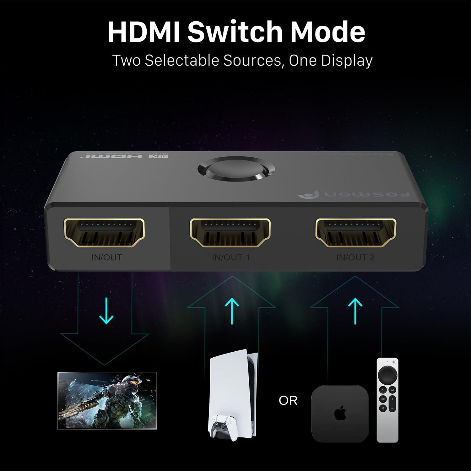 Fosmon Fosmon 4K HDMI Switch 4K@60Hz, Bi-Directional 1 in 2 Out / 2 in 1 Out HDMI Switcher, High Speed 18Gbps Splitter Selector Compatible with PS5, PS4, Xbox, Roku, Apple TV, Fire Stick