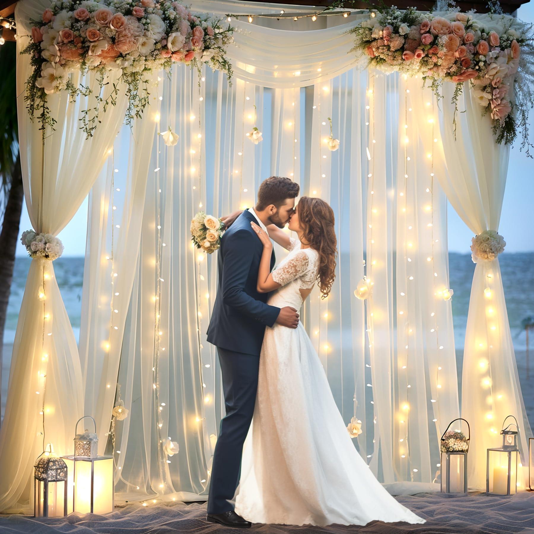 Suppromo Ivory Tulle Backdrop Curtains with Lights String for Parites Wedding 1010ft Sheer Backdrop Curtains for Baby Shower Birthday Party Photo Shoot Background Decorations