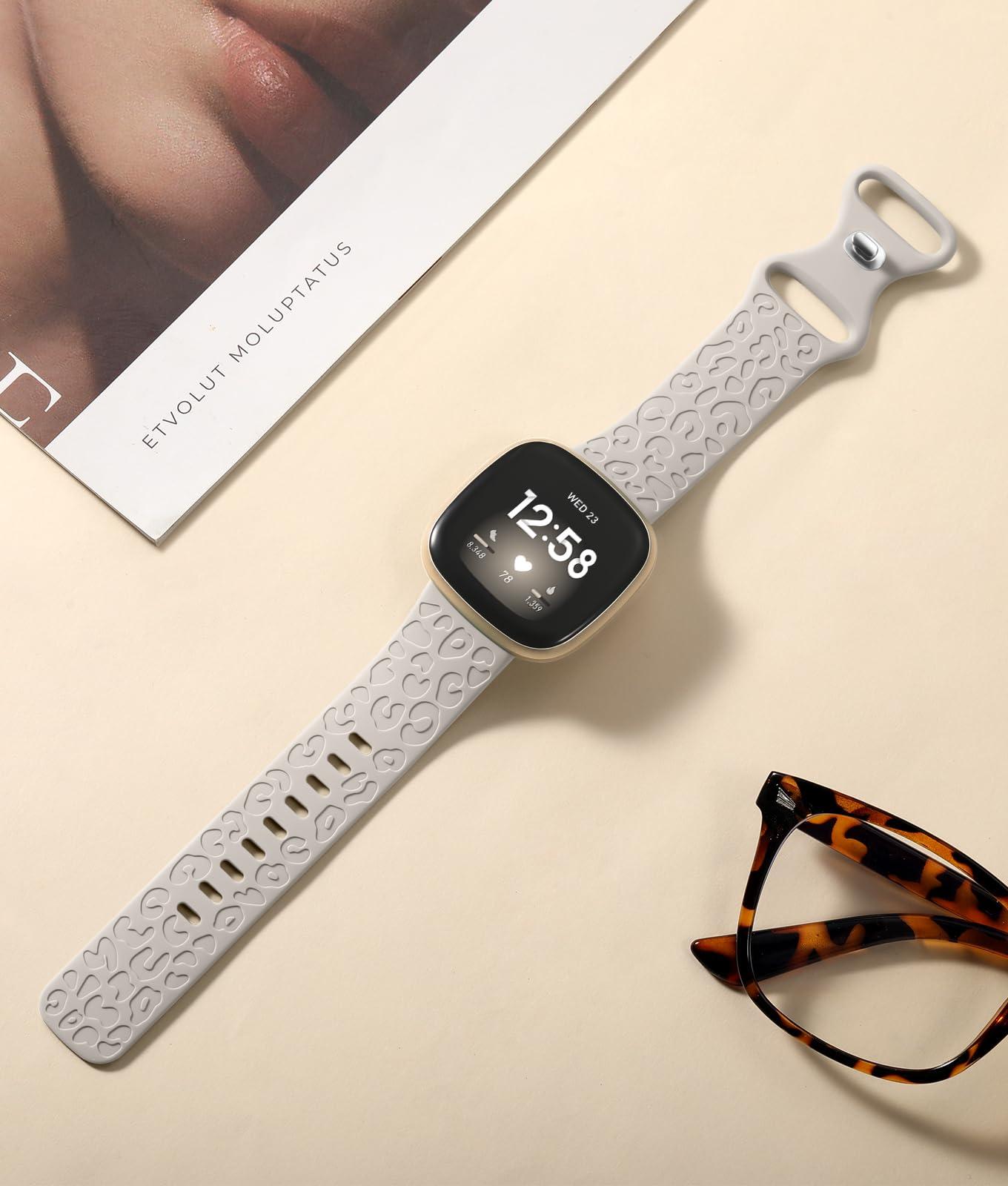 Odbeai Odbeai Leopard Engraved Compatible with Fitbit Versa 4 Bands for Woman,for Versa 3/Sense 2/Sense Bands,Cute Fancy Soft Silicone Sport Waterproof Replacement Strap
