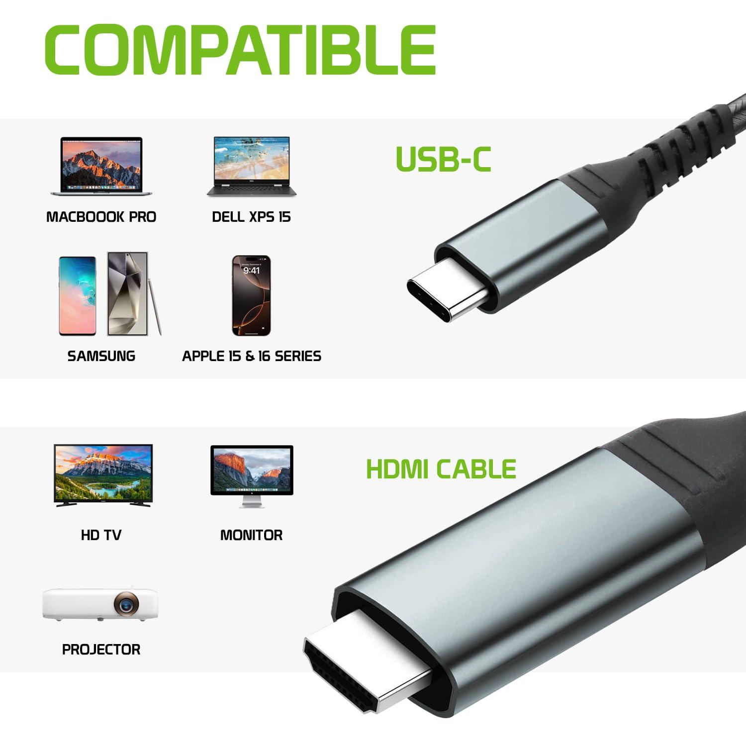 Cellet USB-C to HDMI 4K Video Adapter Cable, Adapter, Smartphone to TV HDMI [Thunderbolt 3 Compatible] Compatible with iPhone 15, Samsung Galaxy, Moto and Laptop with USB-C (6-Feet)