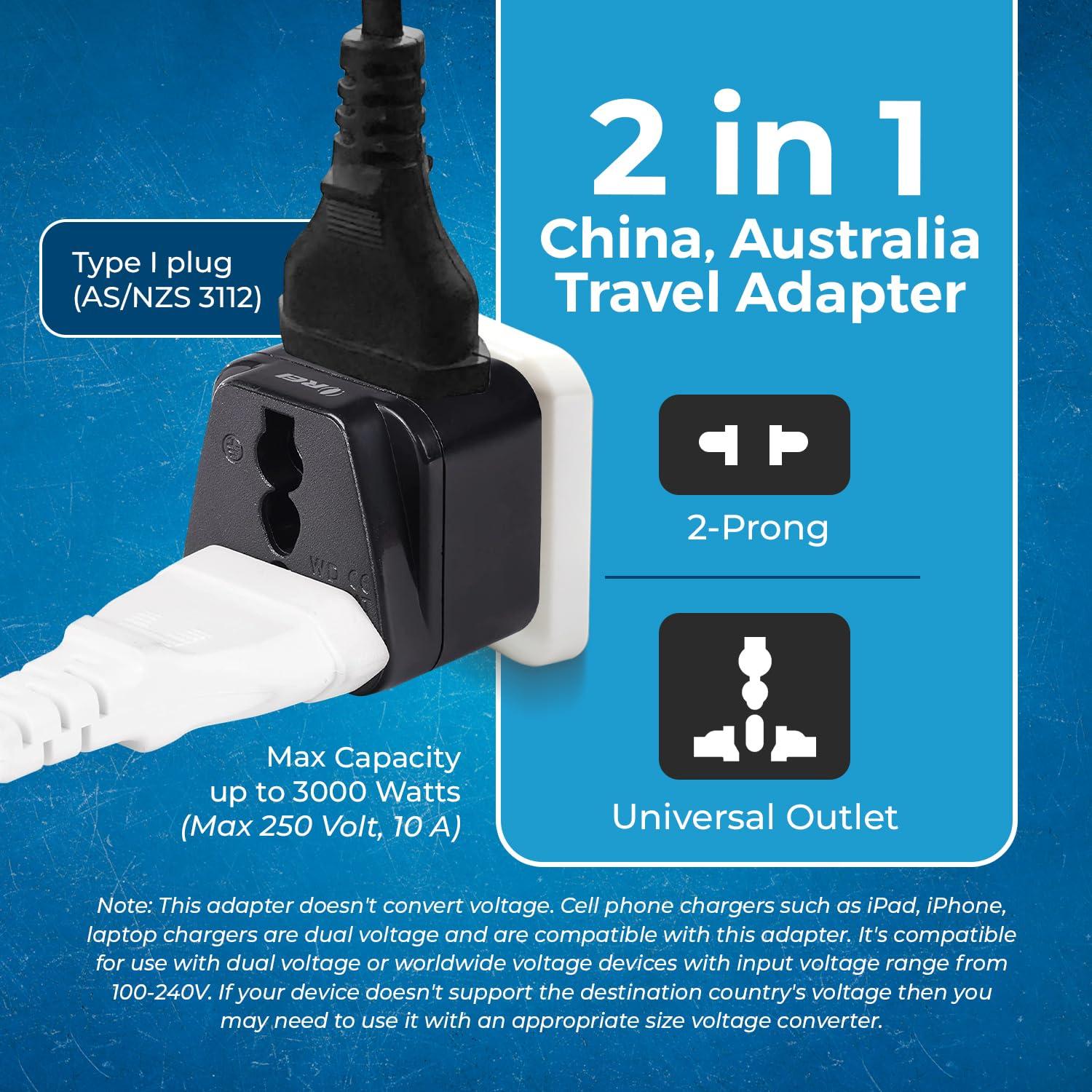 OREI OREI Australia, New Zealand, China Power Plug Adapter 2-in-1 AU Travel Adapter with Universal Socket & USA Outlet Type I 2 Pack