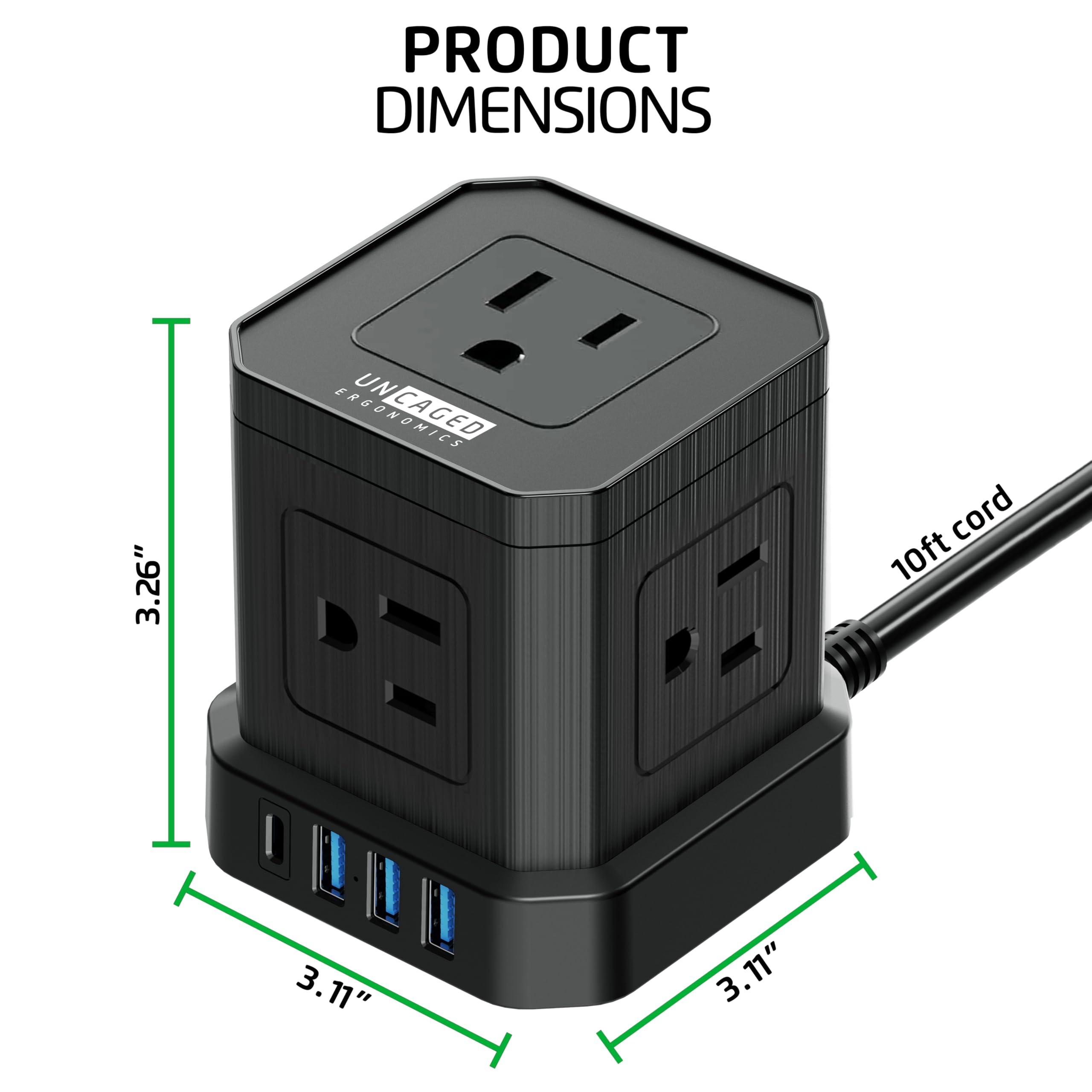 Uncaged Ergonomics Cube Power Strips with Surge Protection, 10ft Extension Cord with Multiple Outlets, 5 AC Plugs + 3 USB + 1 USB-C Fast Charging Power Strip with USB Ports, Mountable On/Off Switch Charging Station